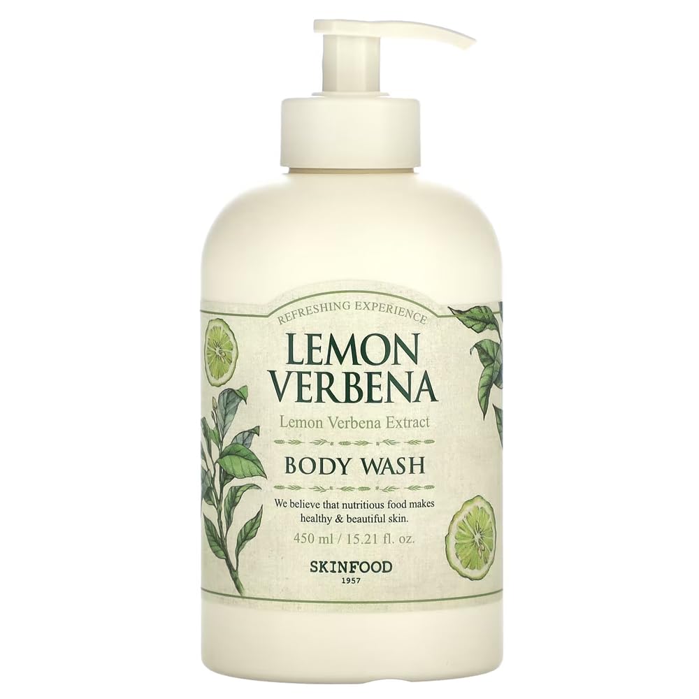 SKINFOOD Lemon Verbena Body Wash 450g (15.2 fl.oz) - Moisturizing Shower Gel with Citrus Scent for Men & Women - Soft Rich Foam Cleanser with Lemon Verbena Extract - Leaves Skin Fresh & Hydrated | Perfect for Daily Shower, Spa Day & Gift Sets