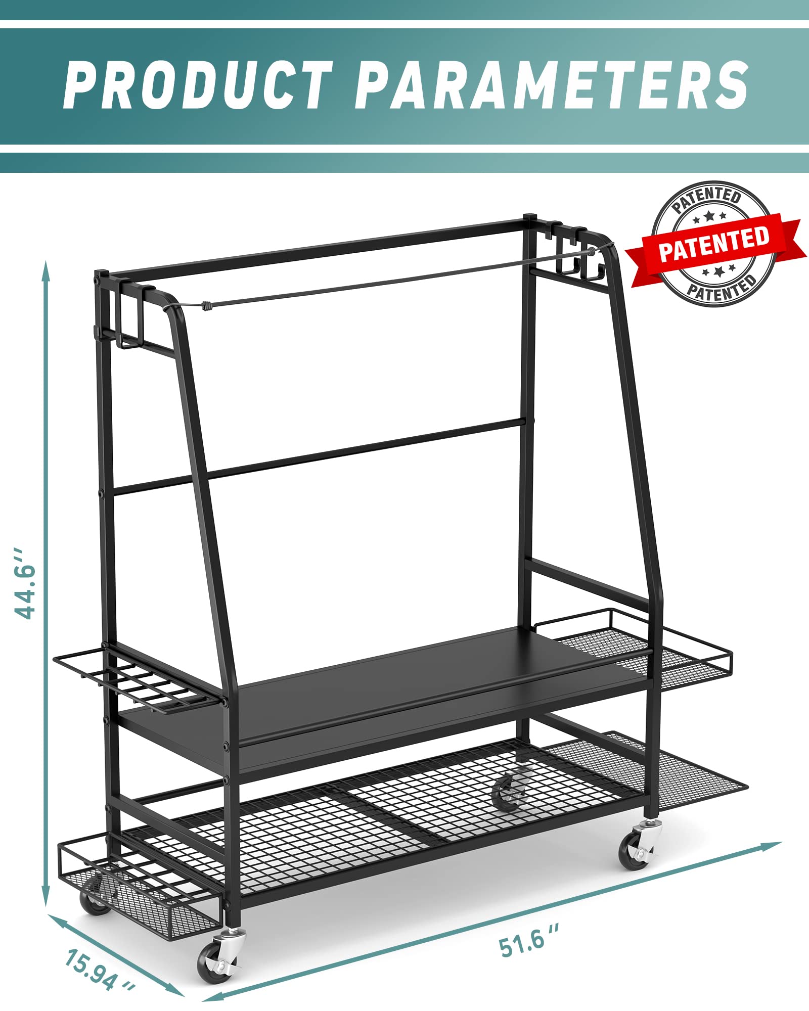 Heavy Duty Golf Bag Storage Rack for Garage - Holds 3 Golf Bags with 2 Side Shelves, Club Holder & Wheels - Space Saving Golf Equipment Organizer for Clubs, Shoes & Accessories - Perfect for Home, Garage or Golf Club Storage