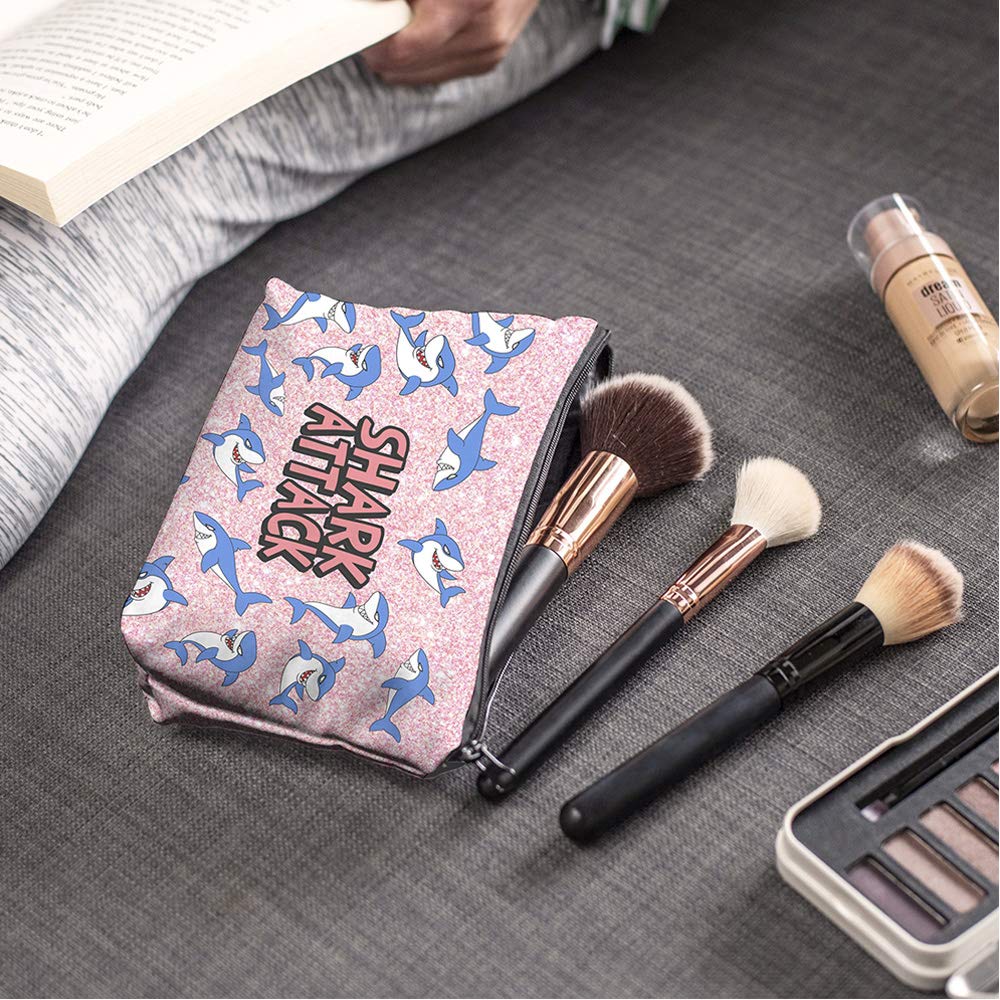 Waterproof Allover Print Makeup Bag - Large Cosmetic Organizer Pouch for Women, Travel Toiletry Bag, Cute Shark Attack Design - Perfect for Travel, Gym & Daily Essentials Storage