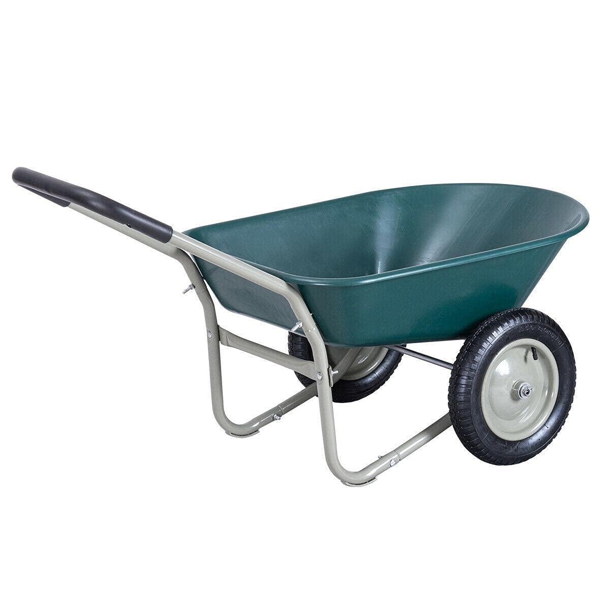 Heavy-Duty 2-Tire Wheelbarrow Garden Cart with Steel Frame - Outdoor Utility Dolly for Yard Work, Gardening, Landscaping & Construction - Perfect for Soil, Mulch, Firewood & DIY Projects (Green)