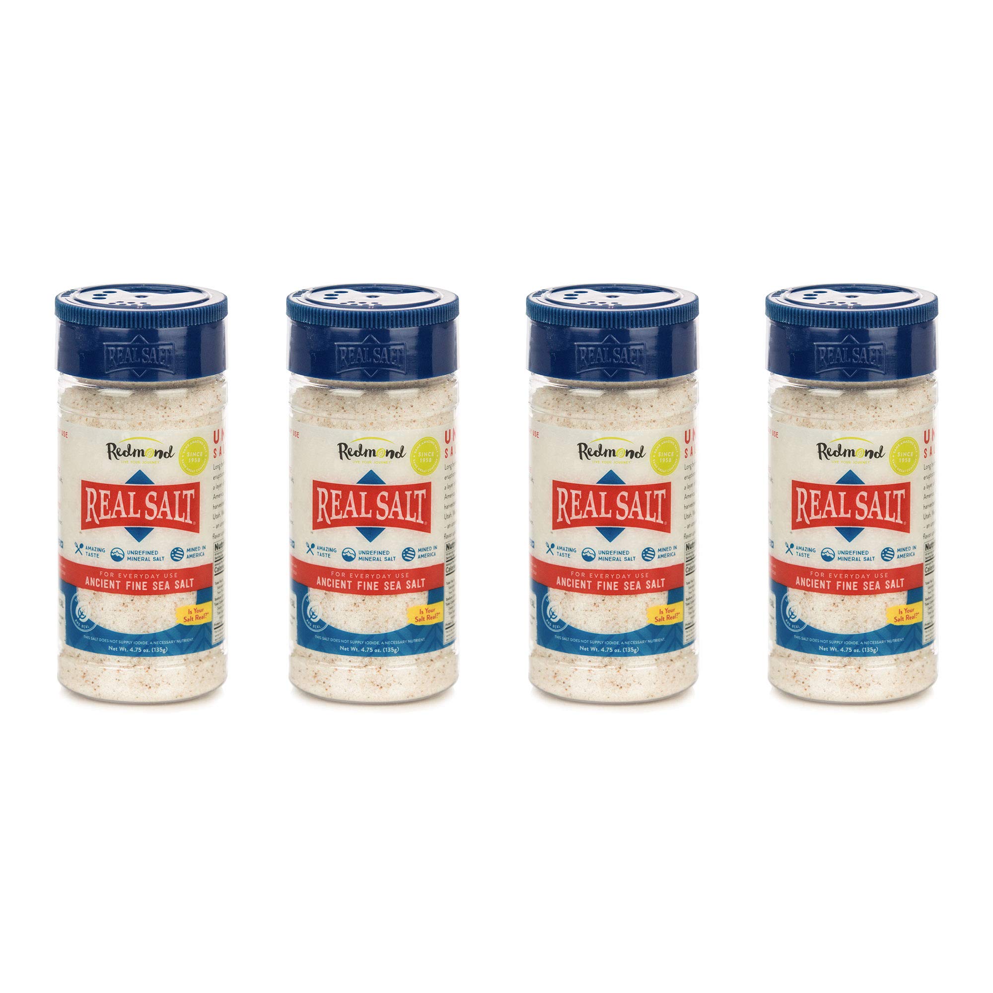 Redmond Real Sea Salt - Natural Unrefined, Gluten-Free Fine Grain Salt, 4.75 Ounce Shaker (4-Pack) | Perfect for Cooking, Baking & Seasoning