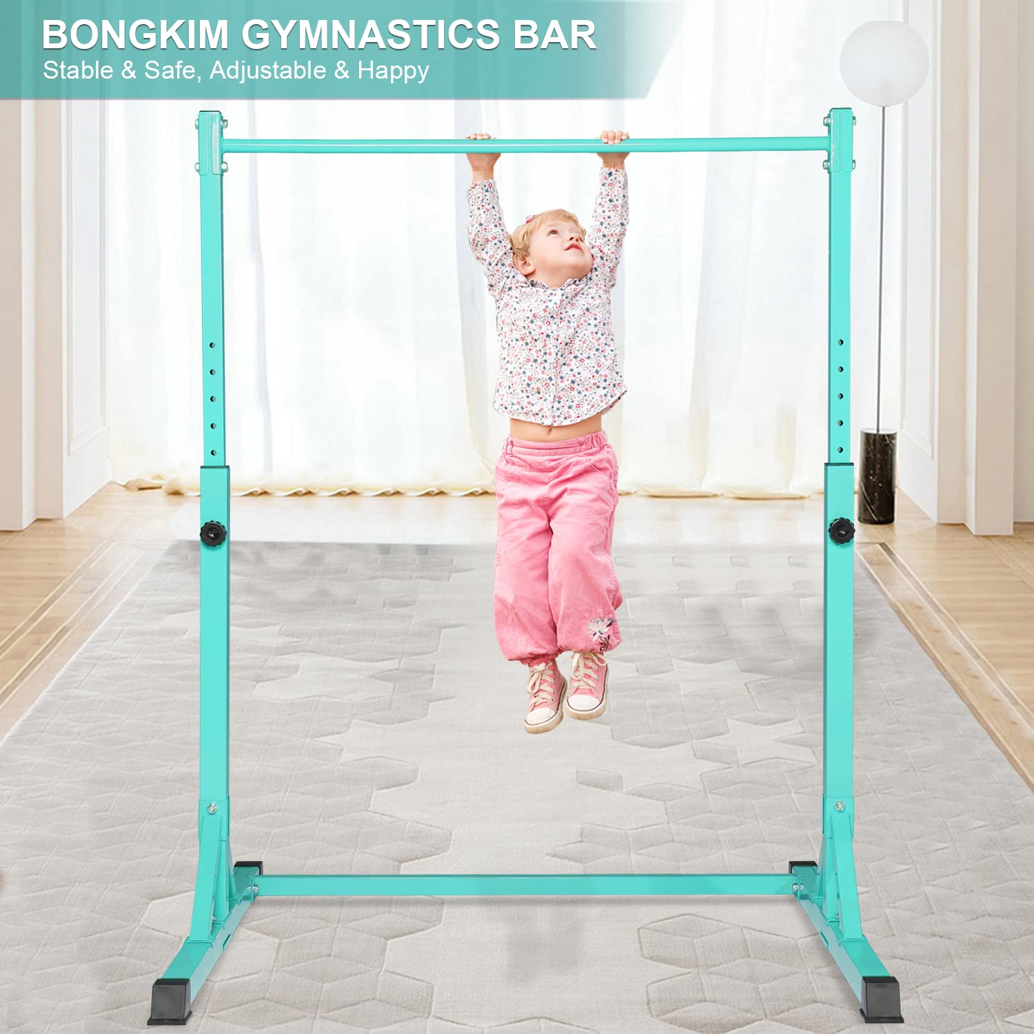 Bongkim Adjustable Height Gymnastics Bar for Kids - Folding Horizontal Training Bar for Home Use | Junior Gymnastic Equipment for Indoor Practice, Strength Training & Playtime Activities