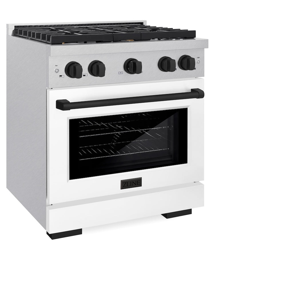 ZLINE Autograph Edition 30-inch Dual Fuel Range - 4.2 cu. ft. Capacity, 4-Burner Gas Cooktop & Electric Convection Oven - Satin Stainless Steel with White Matte Door & Matte Black Accents (SDRSZ WM 30 MB) - Perfect for Modern Kitchens, Home Chefs & Gourmet Cooking