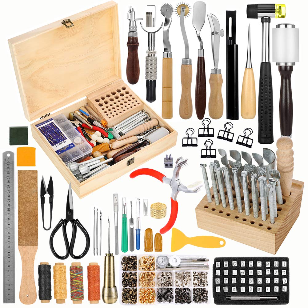 424-Piece Leather Crafting Kit with Tools, Supplies & Instructions – DIY Leather Sewing Kit, Stamping Set, Tool Holder & Wooden Storage Box – Perfect for Leatherworking, Repair, and DIY Projects