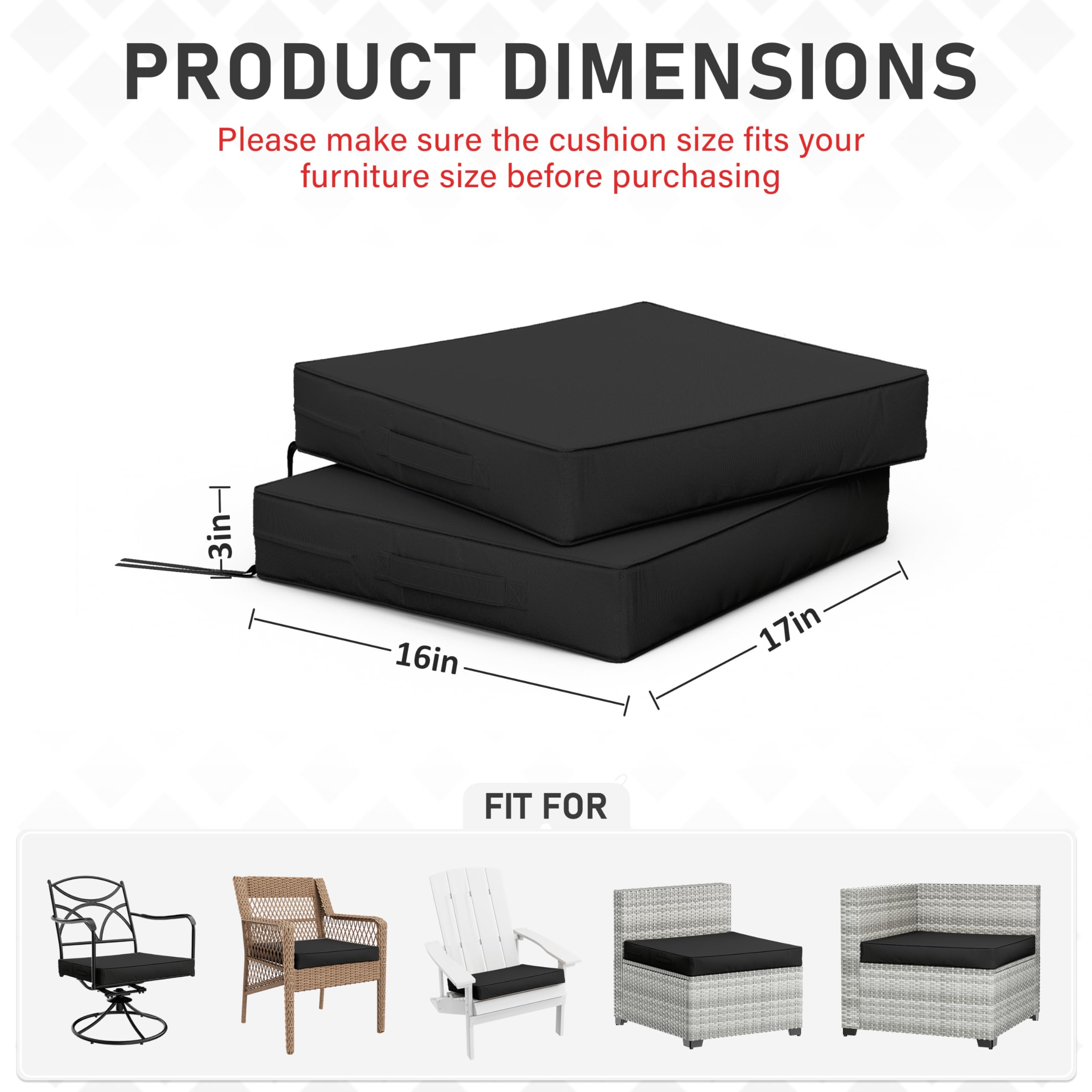 **17 x 16 x 3 Inch Waterproof Patio Chair Cushions - Outdoor Seat Cushions for Patio Furniture with Ties & Handle - Set of 2, Black - Perfect for Garden, Deck, Poolside & Backyard Relaxation**