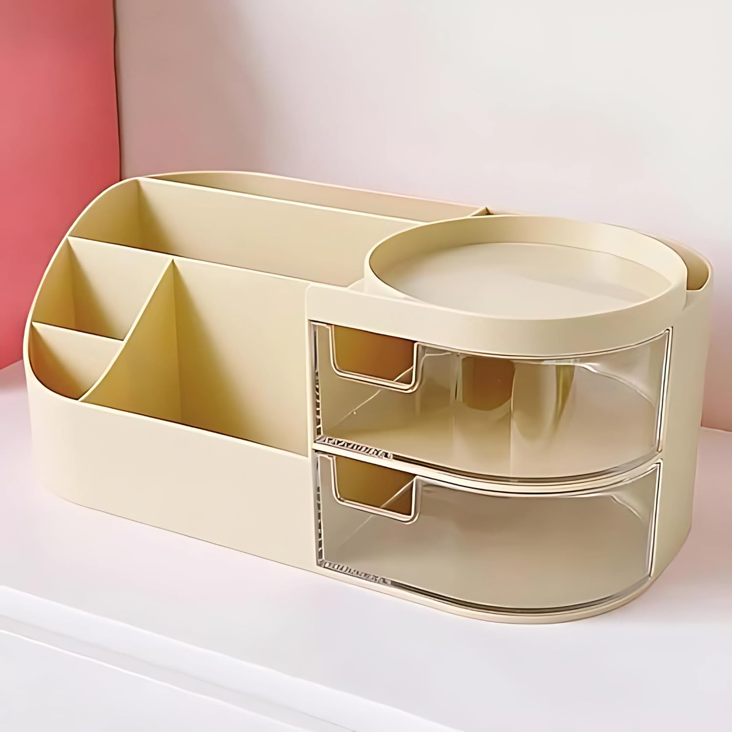 Elegant Makeup Organizer with Clear Drawers - Cosmetic & Skincare Storage Box for Vanity, Bathroom, and Travel (Cream) | Perfect for Organizing Lipsticks, Brushes, and Beauty Products