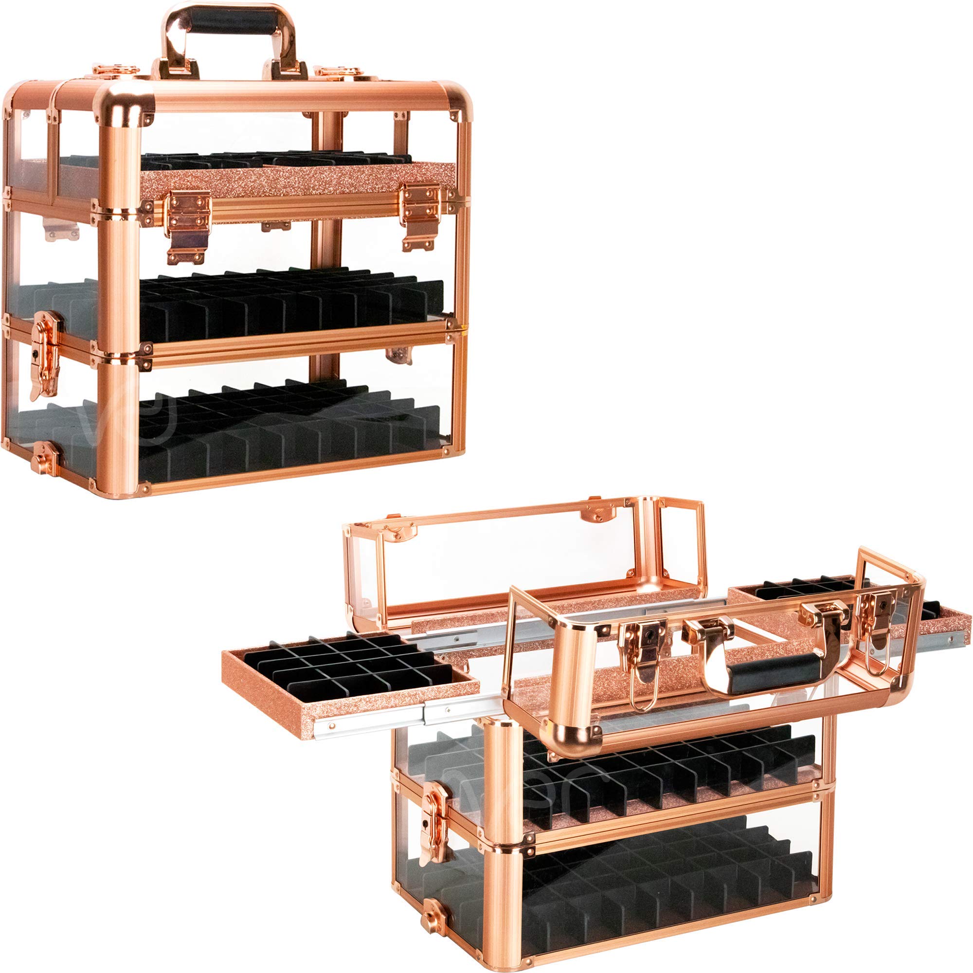 VER Beauty Acrylic Nail Polish Organizer Case (Rose Gold) - 3-Tier Makeup Organizer Trolley with Lockable Drawers & Extra Bottom Trays | Portable Nail Art Storage for Salon, Home & Travel | Professional Cosmetic Display Case for Nail Technicians