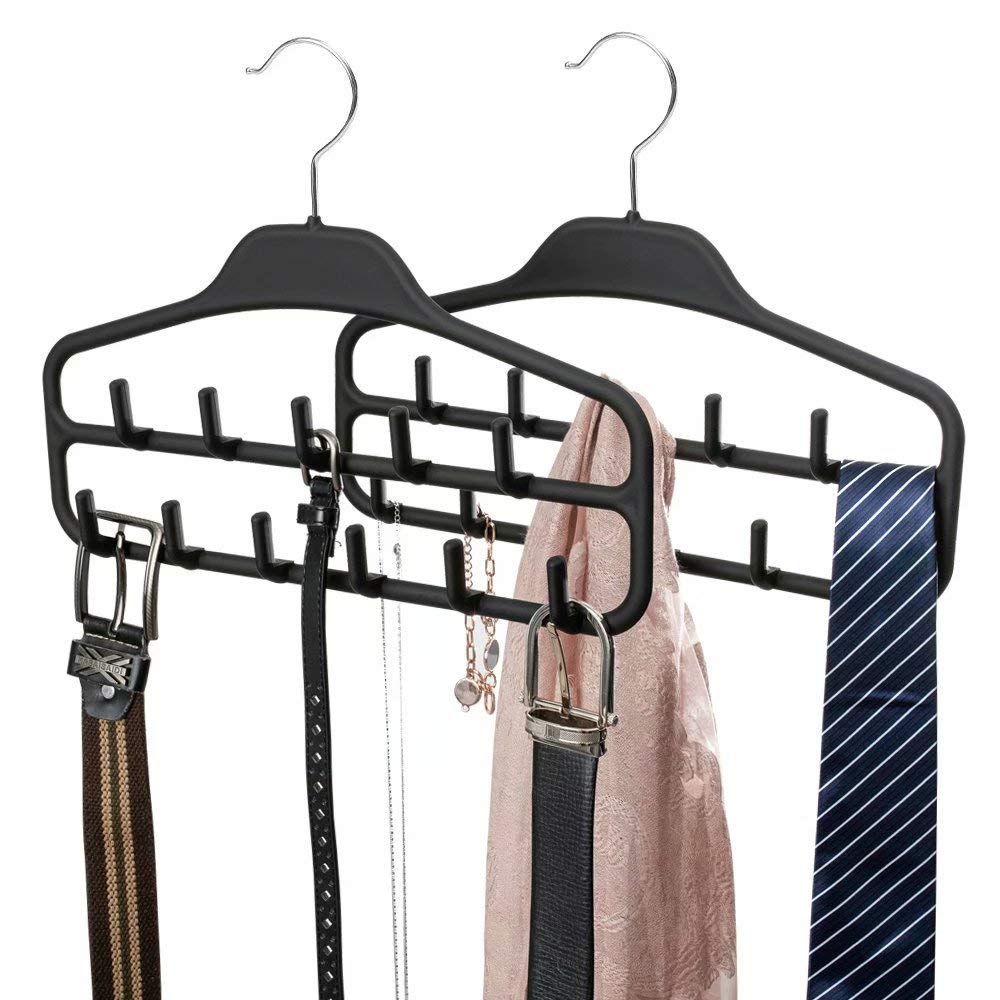 FairyHaus 2-Pack Non-Slip Belt & Tie Hanger Organizer - Durable Closet Hooks for Belts, Ties, Jewelry, Scarves (Black) - Perfect for Closet, Bedroom & Travel Organization