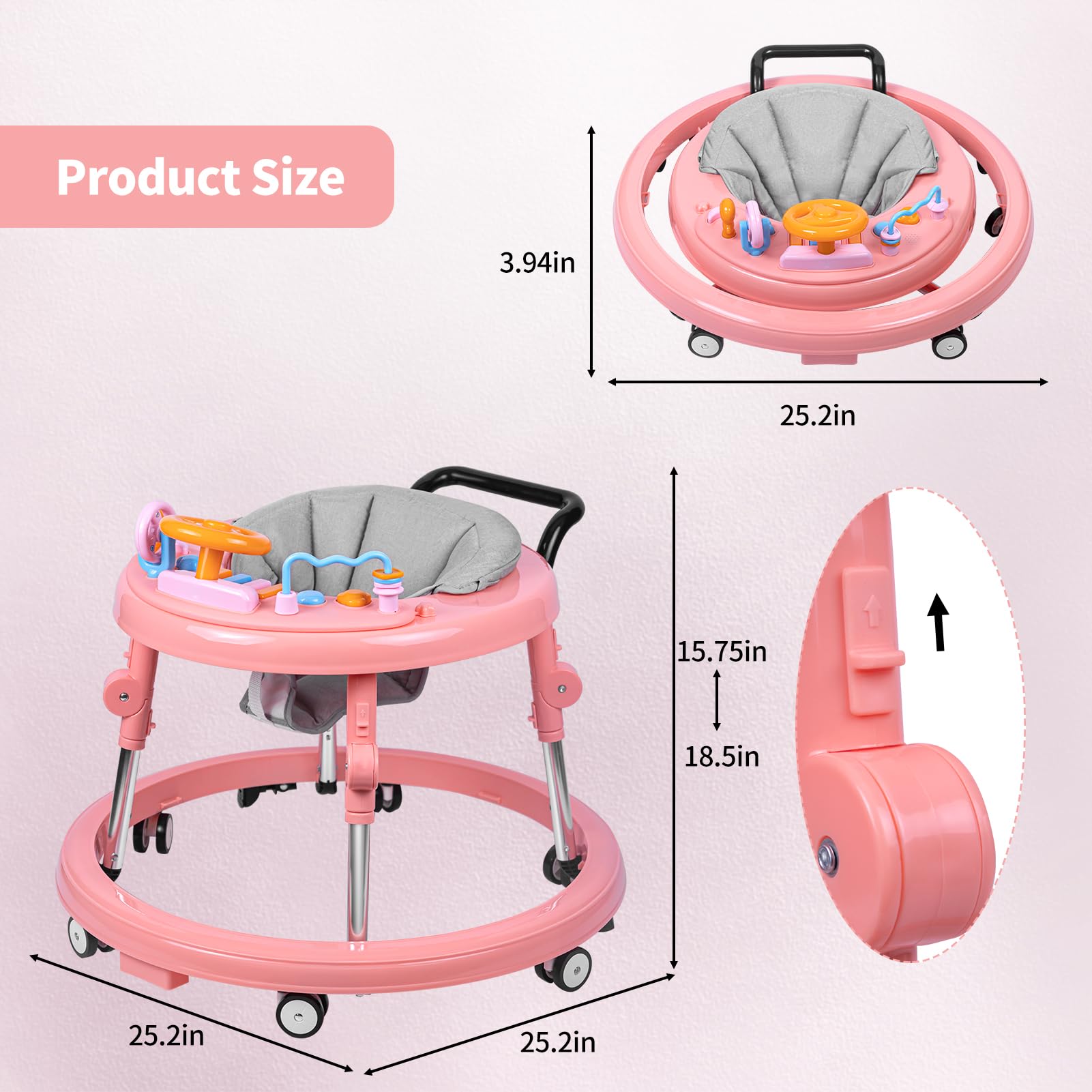Foldable 9-Speed Adjustable Baby Walker with Wheels & Music - Anti-Fall Infant Activity Center with Foot Pads for Boys & Girls 6-24 Months | Perfect for Learning to Walk & Indoor Playtime
