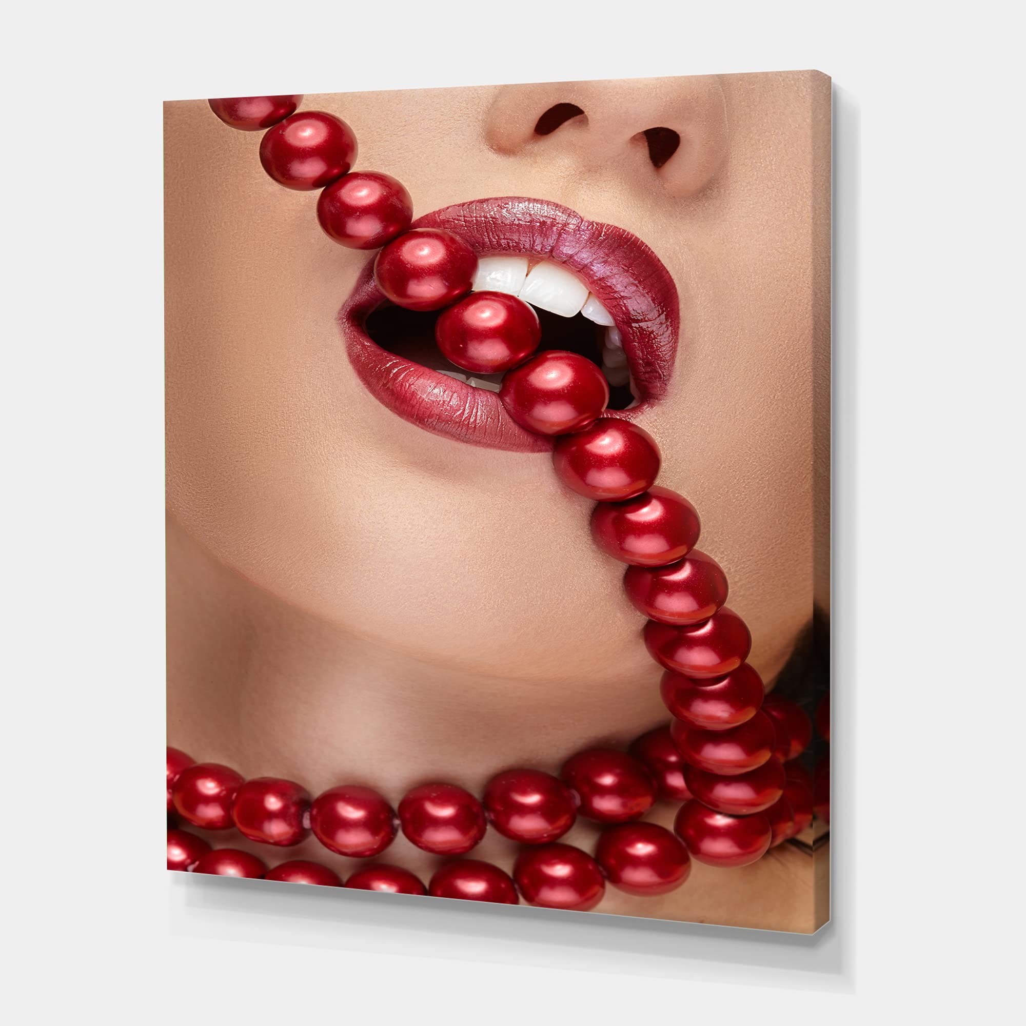 Modern Canvas Wall Art - Woman with Red Lipstick Biting Pearls - Elegant Home Decor for Living Room, Bedroom & Office