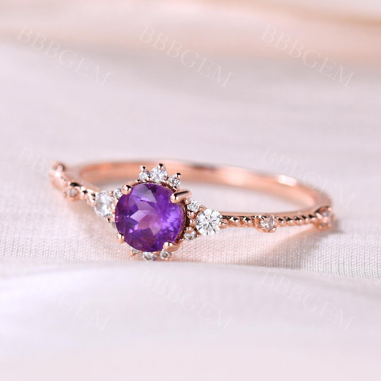 5mm Round Cut Amethyst Engagement Ring - Dainty Purple Gemstone & Diamond Wedding Band for Women | Perfect for Proposals, Anniversaries & Romantic Occasions