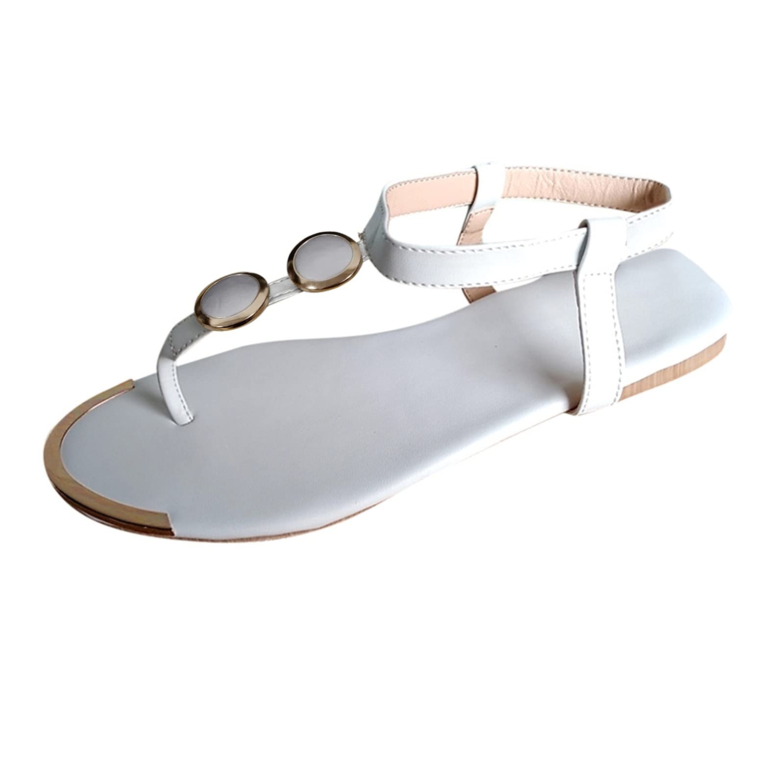 Fullwei Women's Comfortable Thong Sandals with Ankle Strap - Casual Flat Flip Flops for Ladies - Gladiator Style Beach & Dressy Sandals (White, Size 9.5-10) - Perfect for Summer Vacations, Pool Parties & Casual Outings