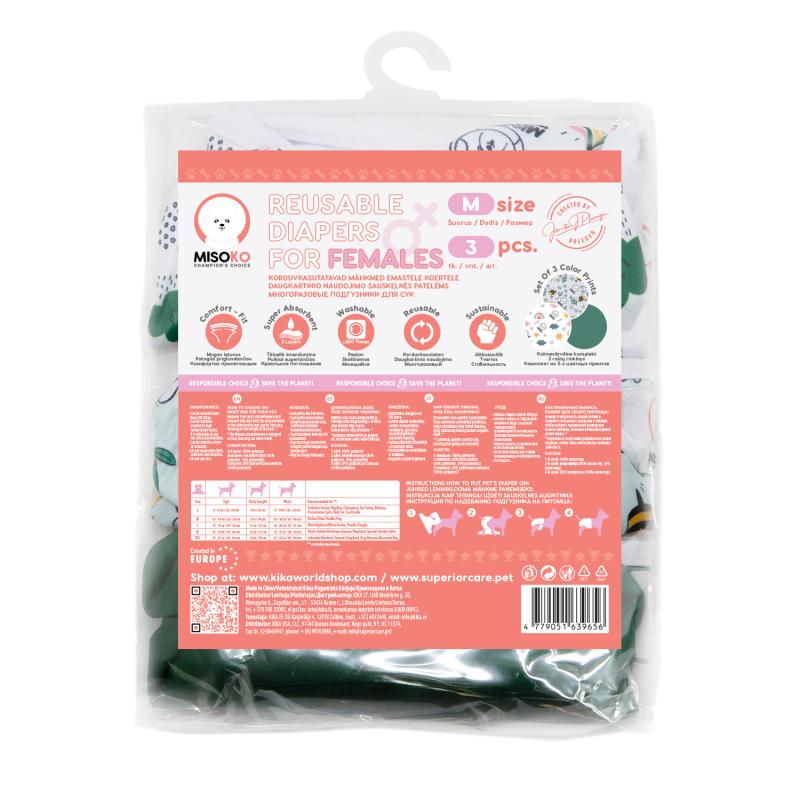 Misoko Washable Reusable Dog Diapers for Female Dogs - 3 Pack, Meadow Green - Soft & Absorbent Pet Diapers for Incontinence, Heat Cycles, and Training - Perfect for Small to Medium Dogs at Home or Travel