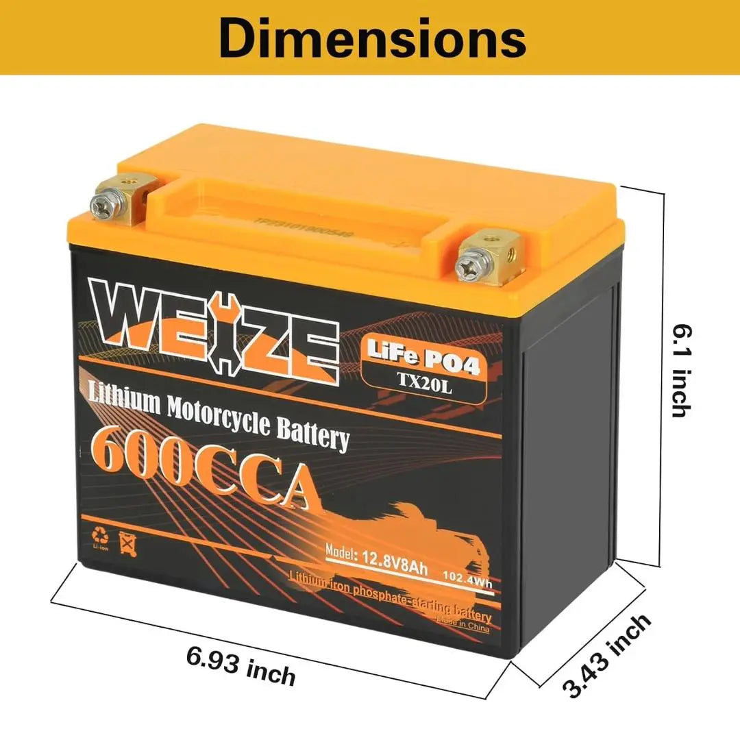 WEIZE 12V 8AH Group 20 600CCA LiFePO4 Lithium Battery for Motorcycles, ATVs, Scooters - High Performance & Long Lasting Power Solution for Outdoor Adventures
