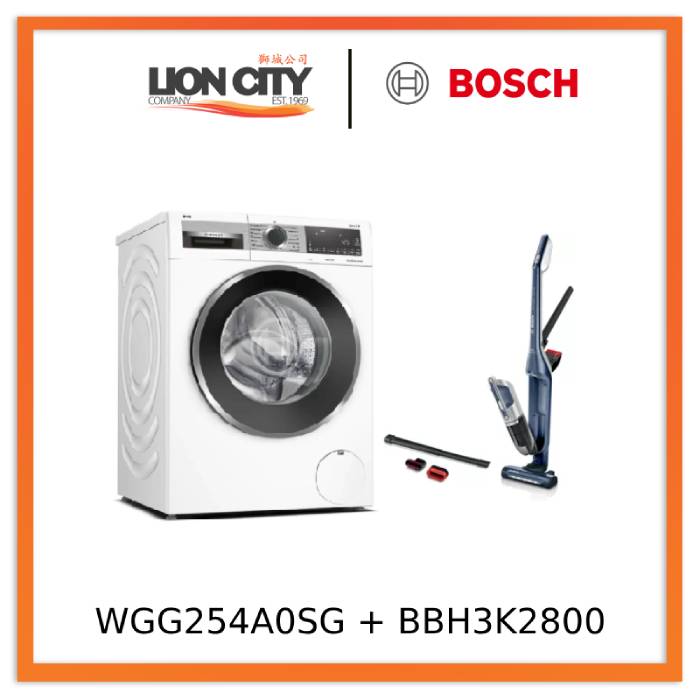 Bosch WGG254A0SG 10kg Front Load Washing Machine & BBH3K2800 Handstick Vacuum Cleaner Combo - Energy Efficient Laundry & Quick Home Cleaning for Apartments, Houses & Small Spaces