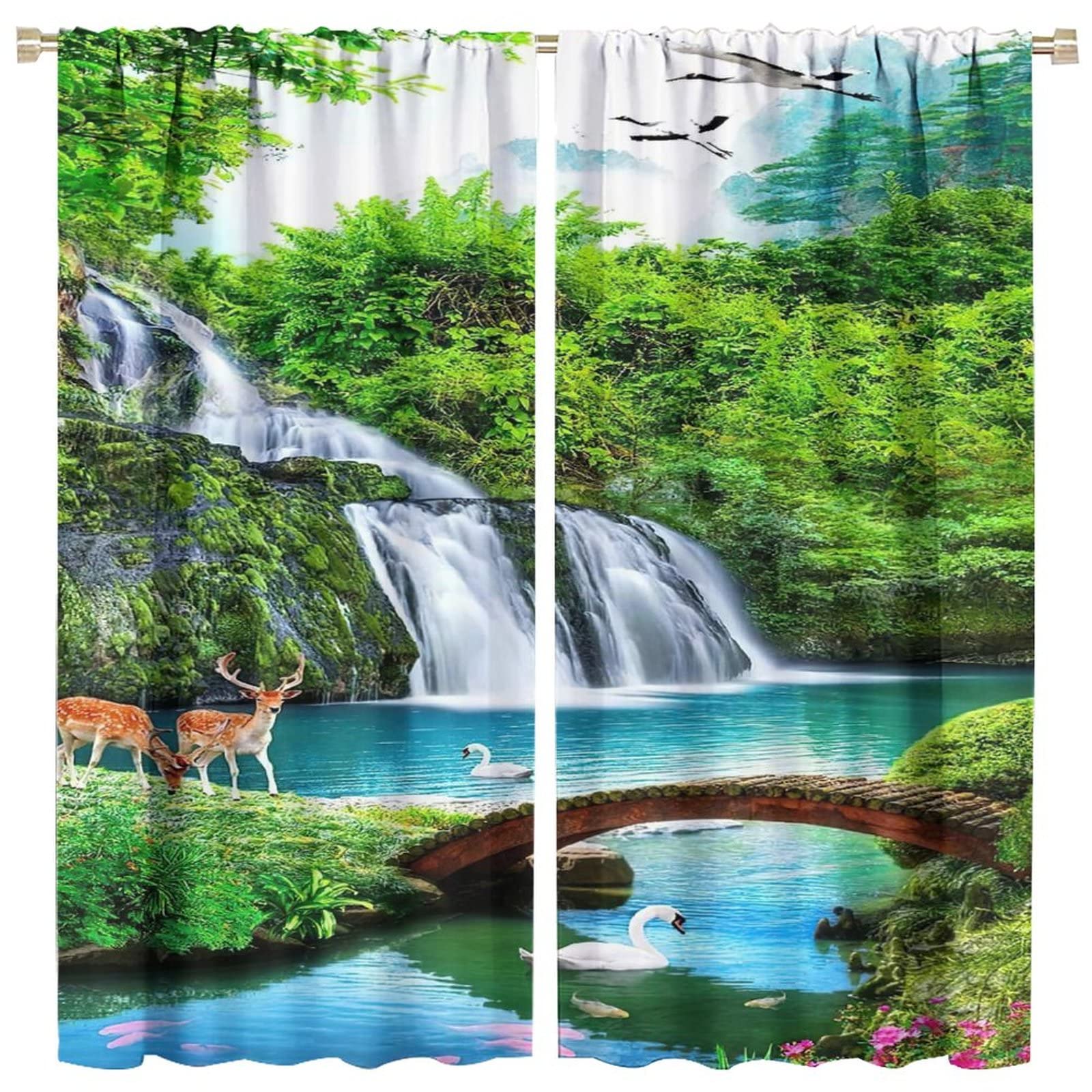 GY Deer Blackout Curtains - Nature Forest Theme with Trees, Wildlife Birds & Small Bridge - Rod Pocket Window Drapes for Boys Girls Teens - 42x45 Inch - Perfect for Kitchen, Living Room & Bedroom Decor (Blocks Light for Better Sleep & Privacy)