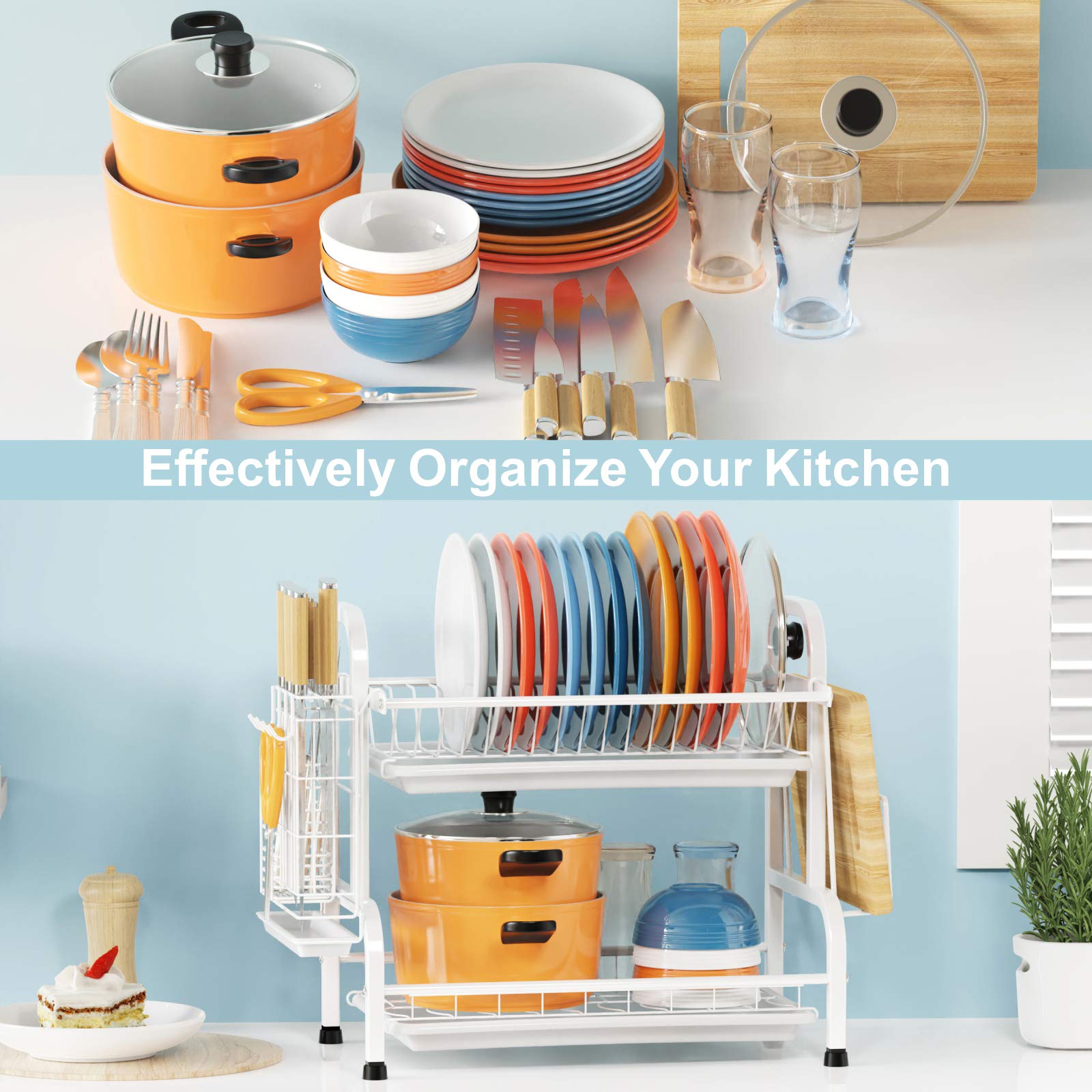 iSPECLE 2-Tier Stainless Steel Dish Drying Rack with Utensil Holder & Cutting Board Storage | Premium 304 Steel Kitchen Counter Organizer | Space-Saving Dish Drainer for Small Kitchens & Apartments