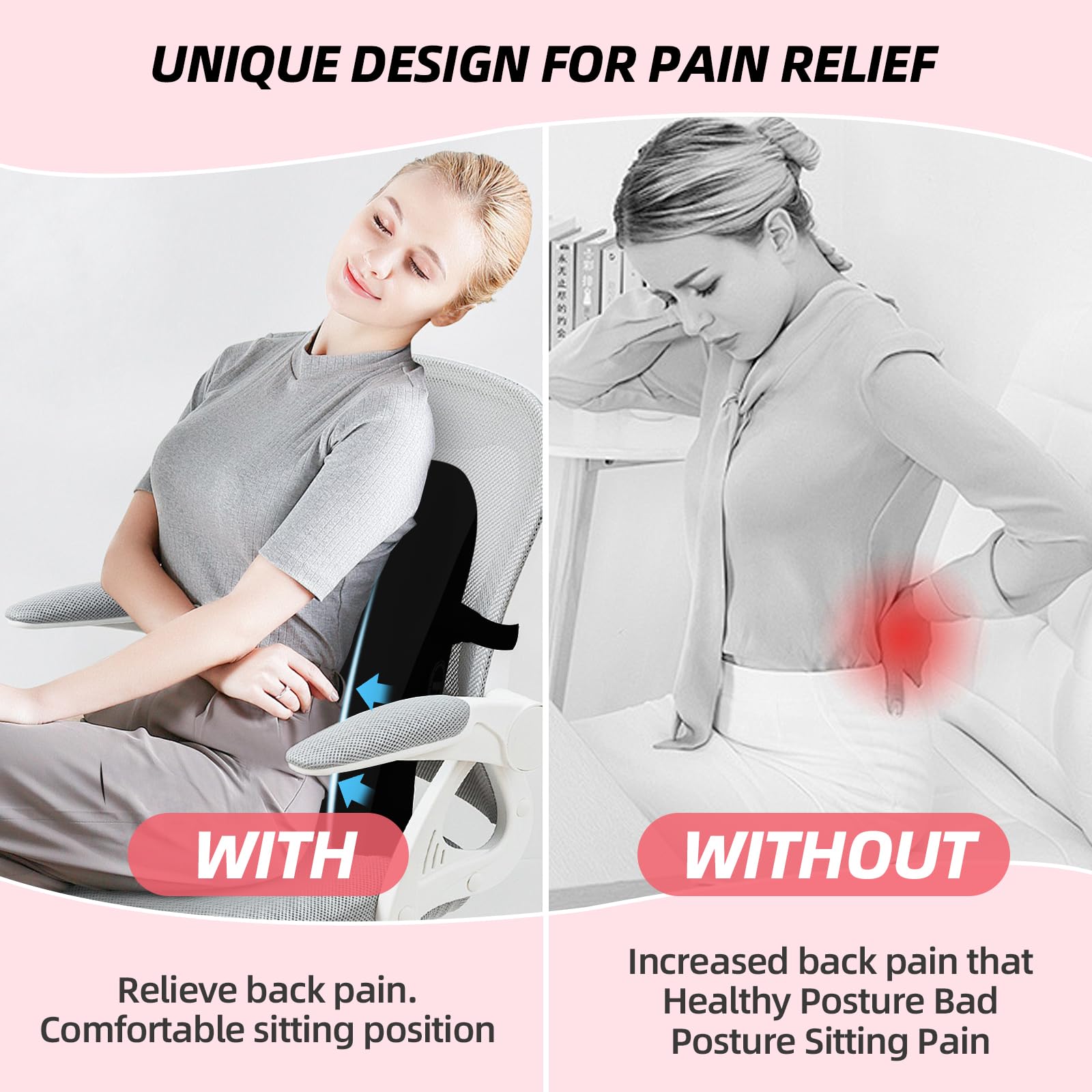 Memory Foam Lumbar Pillow for Office & Car - Back Pain Relief & Posture Support (Pink) - Perfect for Work & Travel