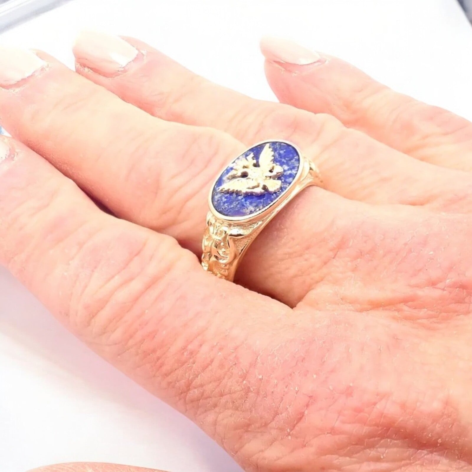 Authentic Franklin Mint Faberge Imperial Eagle 14k Yellow Gold Lapis Ring - Luxury Vintage Jewelry for Collectors & Special Occasions