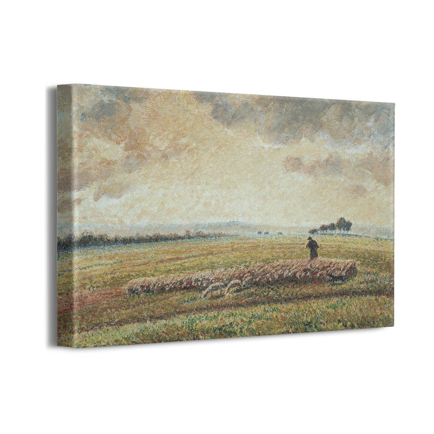 Camille Pissarro Landscape with Flock of Sheep - Framed Canvas Wall Art Print 16x12 Inches - Perfect for Living Room, Bedroom & Office Decor