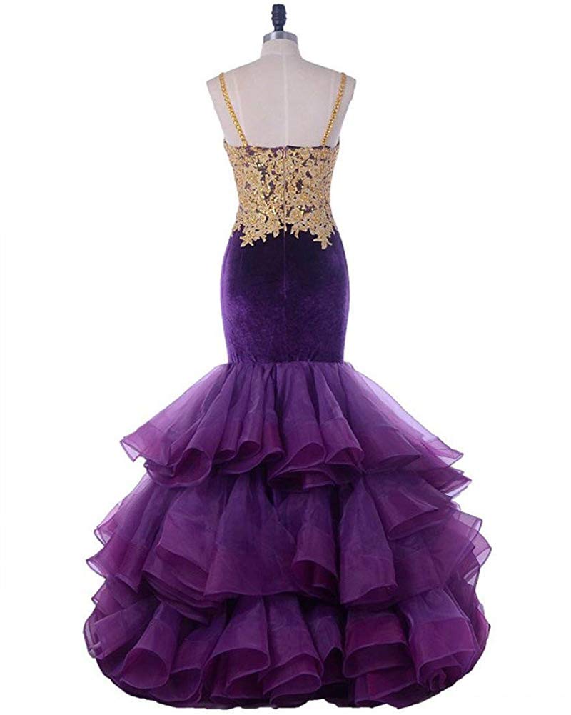 Elegant Mermaid Gold Appliques Organza Ruffles Long Prom Gown for Women - Perfect for Evening Galas, Formal Dances & Special Occasions