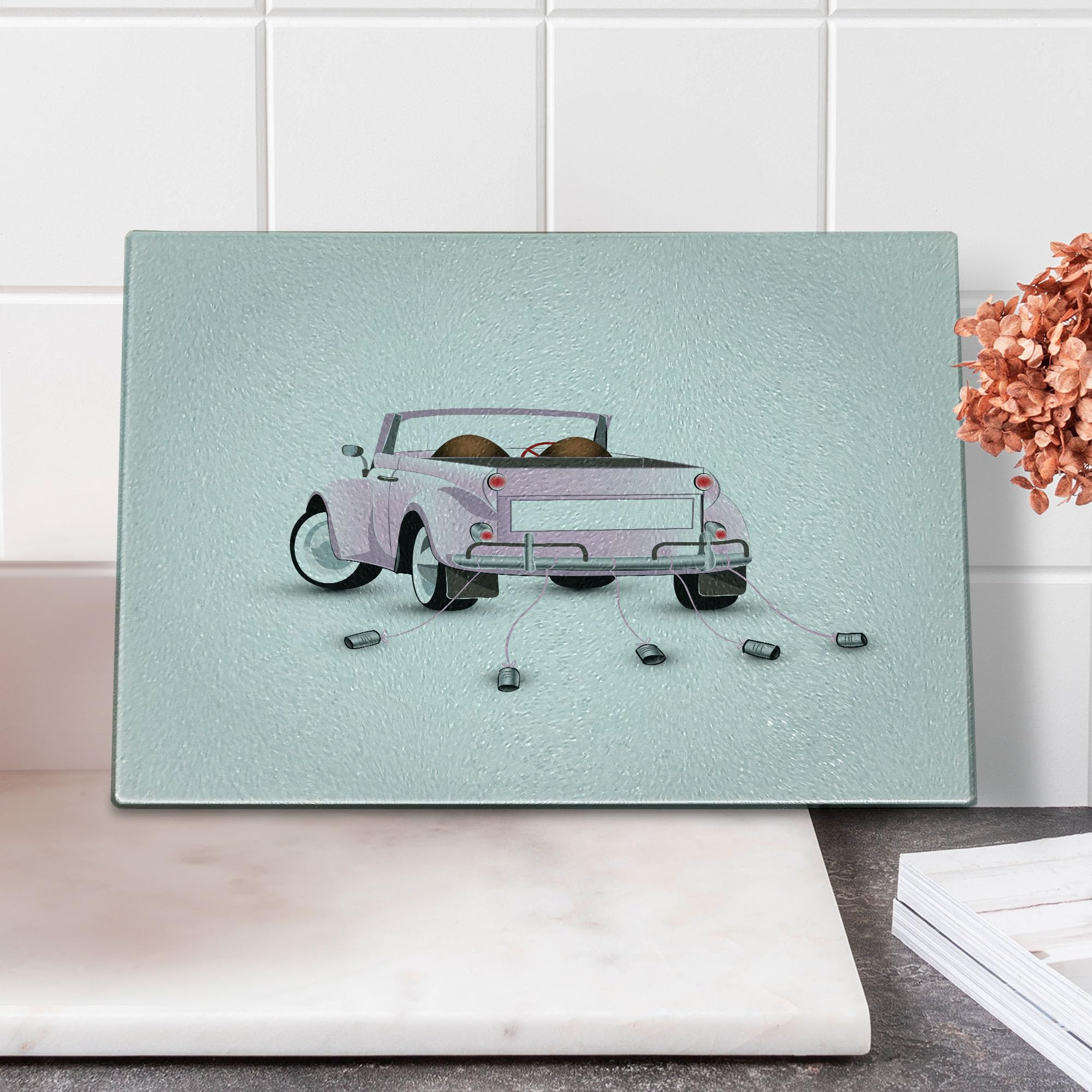 Ambesonne Cars Themed Wedding Cutting Board - Just Married Open Roof Top Car Love Print for Bride & Groom - Decorative Tempered Glass Serving Board - Small Size Pink & White - Perfect for Wedding Gifts, Bridal Showers & Kitchen Decor