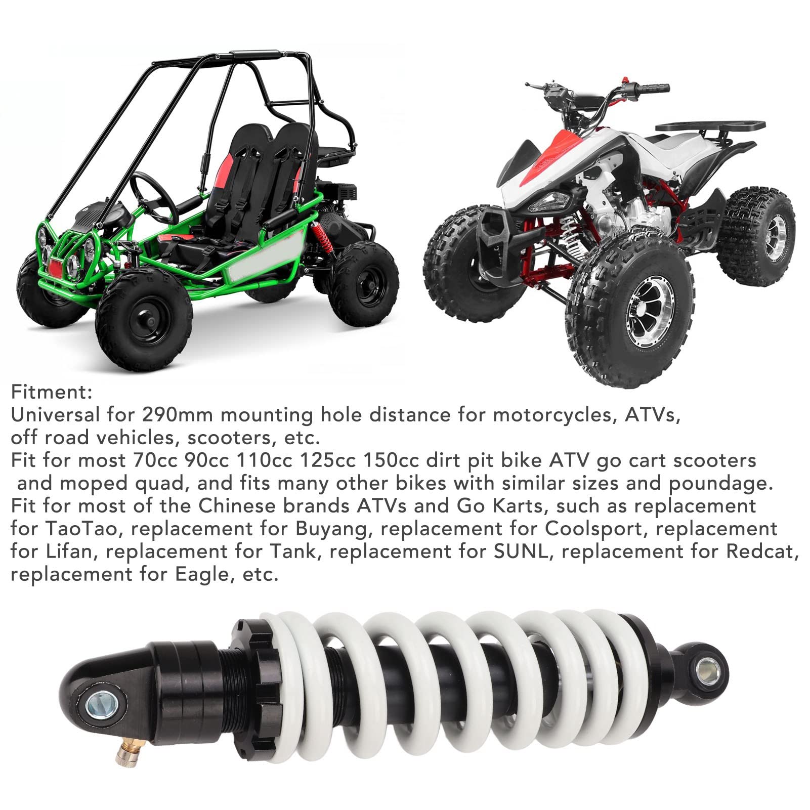 Universal Motorcycle Shock Absorber 290mm/11.42in - Heavy Duty Aluminum Alloy Steel Rear Suspension with Spring Damper - Replacement for Motorcycles, ATVs, Dirt Bikes & Off-Road Vehicles - Perfect for Trail Riding, Adventure Touring & Off-Road Racing