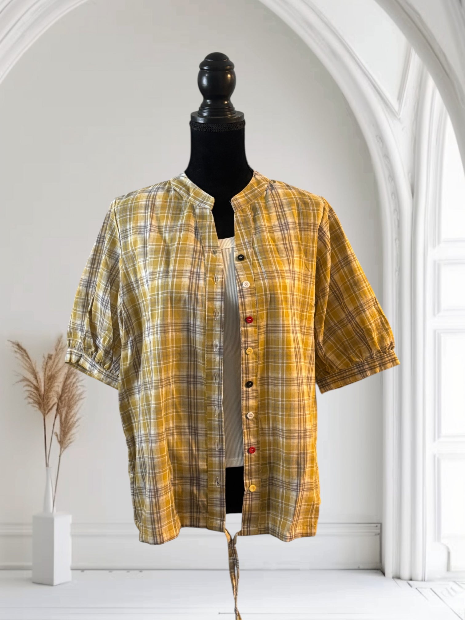 Women's Plaid Short Sleeve Cotton Shirt - Summer Casual Half Sleeve Drawstring Top for Outdoor Activities, Beach Wear & Everyday Fashion