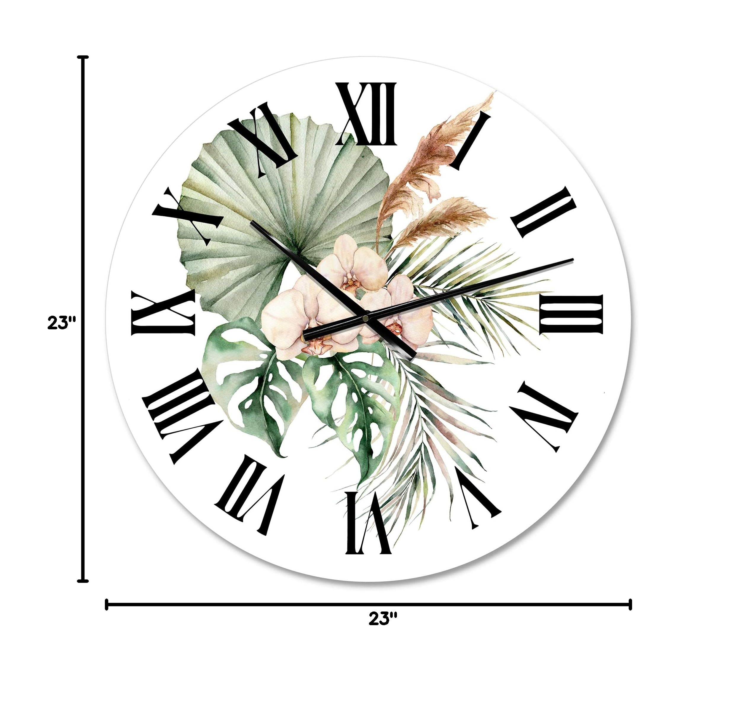 DesignQ Traditional Wall Clock - Tropical Bouquet with Orchids & Palm Leaves - Large Floral Botanical Wall Clock for Living Room, Bedroom, Office Decor - Perfect for Home, Office & Gift Giving