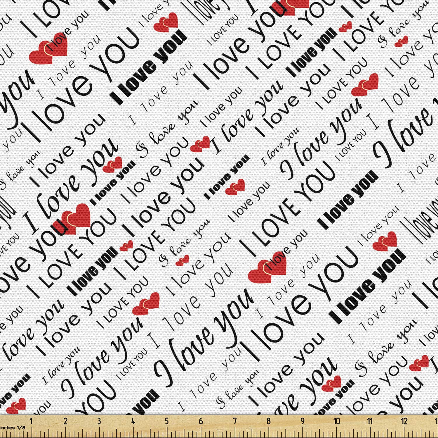 Ambesonne I Love You Fabric by The Yard - Romantic Hearts & Multilingual Love Words Pattern for Upholstery, Home Decor, DIY Crafts (10 Yards, Red & Black) - Perfect for Valentine's Day Gifts, Wedding Decorations & Bedroom Accents