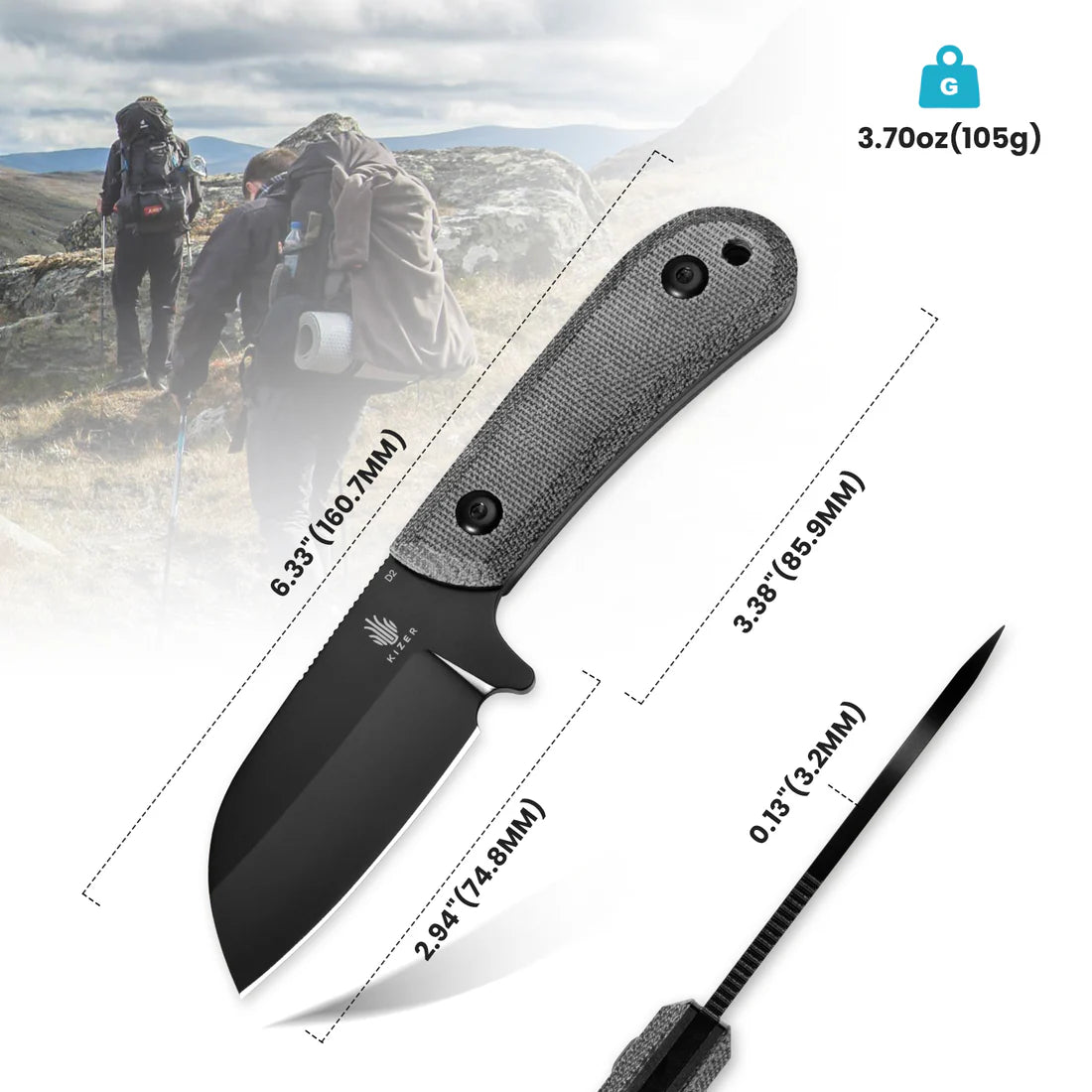 Kizer 1062A2 Deckhand Compact Fixed Blade Knife - 3.5