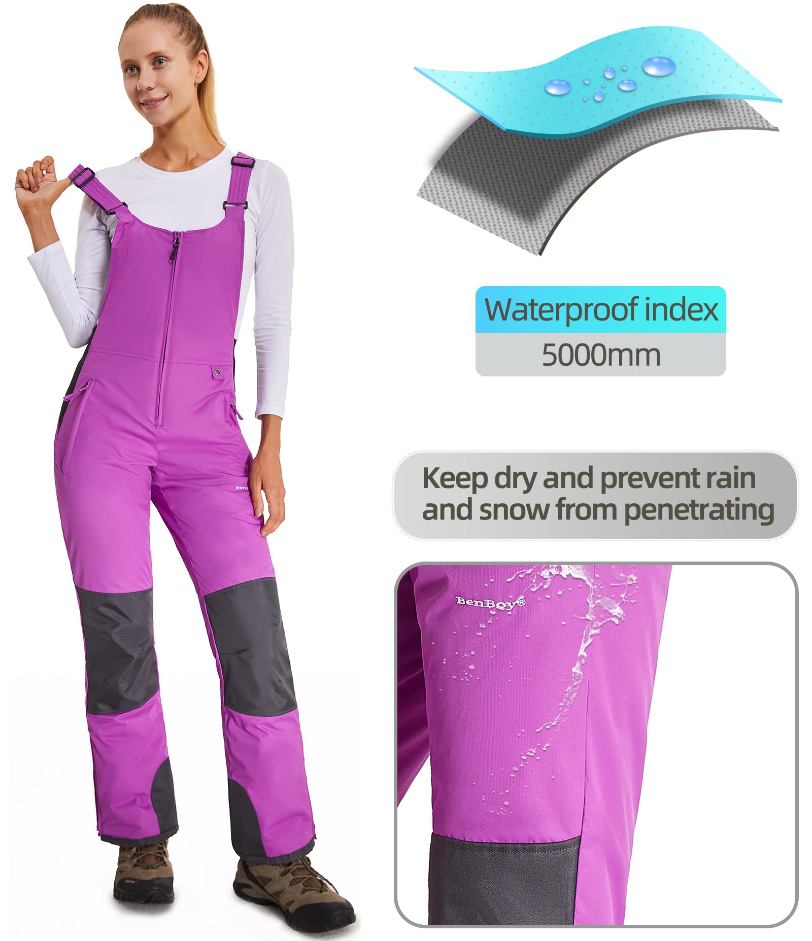 BenBoy Women's Waterproof Insulated Snow Bibs - Windproof Ripstop Ski Overalls & Snowboard Pants for Winter Sports (Hiking, Skiing, Snowboarding, Sledding)