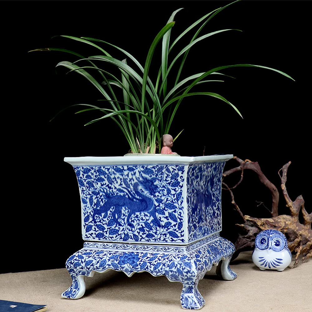Hand-Painted Blue and White Porcelain Flower Pot from Jingdezhen - Chinese Oriental Ceramic Plant Pot with Base for Indoor Plants | Perfect for Home Decor, Office Desk & Gift Giving