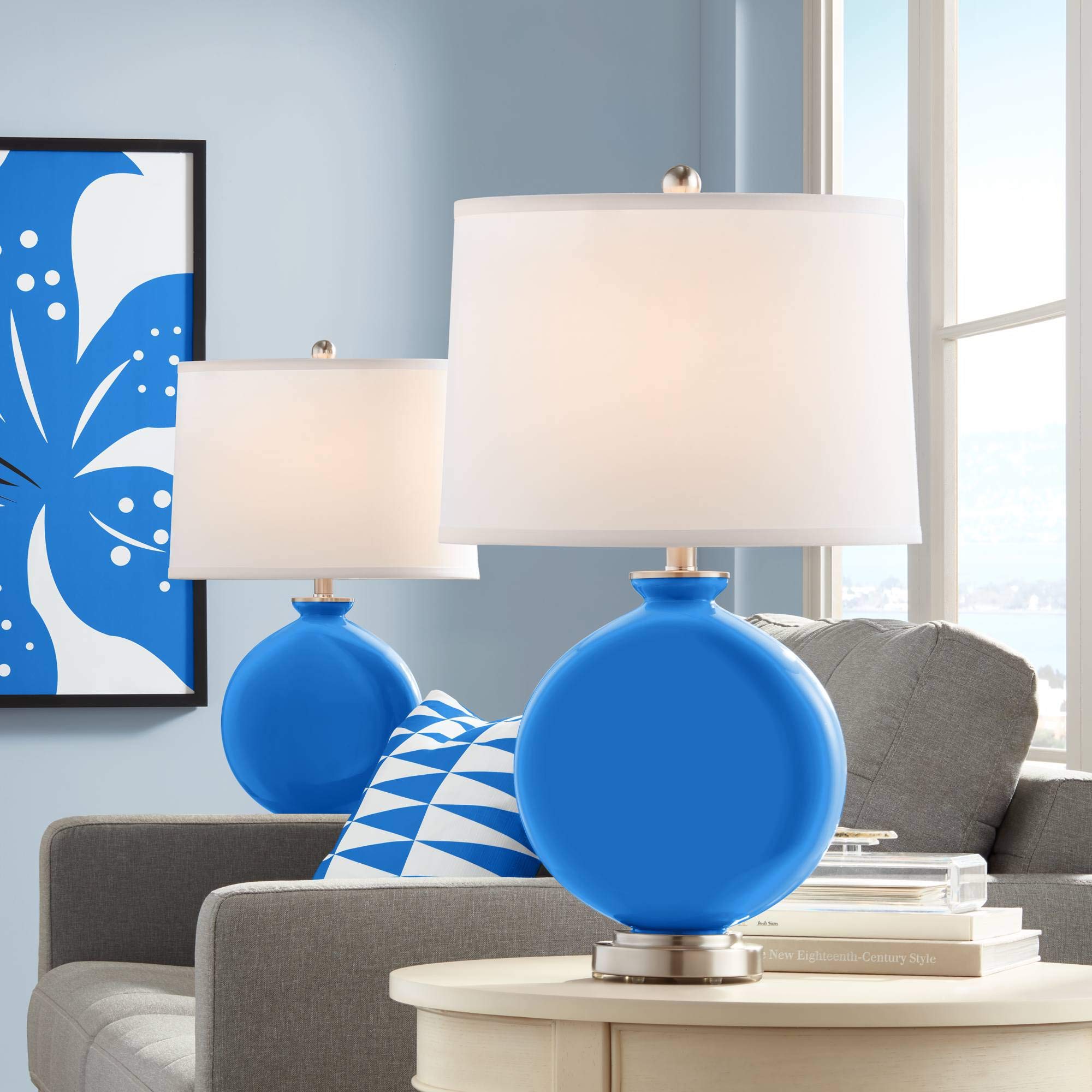 Royal Blue Carrie Table Lamp Set of 2 - Modern LED Nightstand Lamps with Fabric Shade for Bedroom, Living Room, or Office Decor