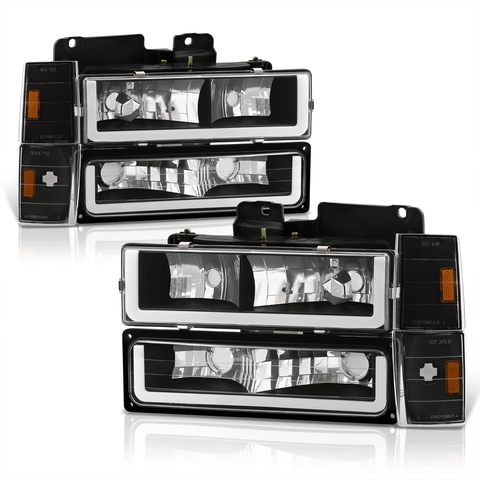 Black Amber LED DRL Driving Headlights + Corner Bumper Signal Lamps - Compatible with Chevy C10 C/K C1500 C2500 C3500 K1500 K2500 K3500 Blazer Silverado Suburban (1988-1993) | High Visibility Daytime Running Lights for Enhanced Safety & Style