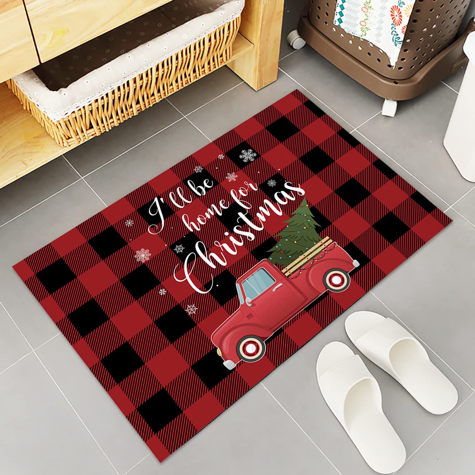 Christmas Kitchen Rugs Set of 2 - Non-Slip Buffalo Check Floor Mats with Red Truck Design (19.7