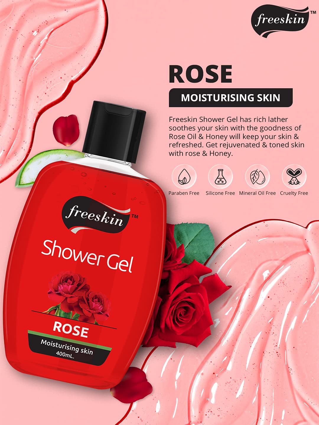 Freeskin Rose Body Wash Shower Gel - 400ml Paraben Free, Sulfate Free & Mineral Oil Free - Hydrating & Gentle for All Skin Types - Unisex Shower Gel for Daily Use, Gift Idea & Spa Days