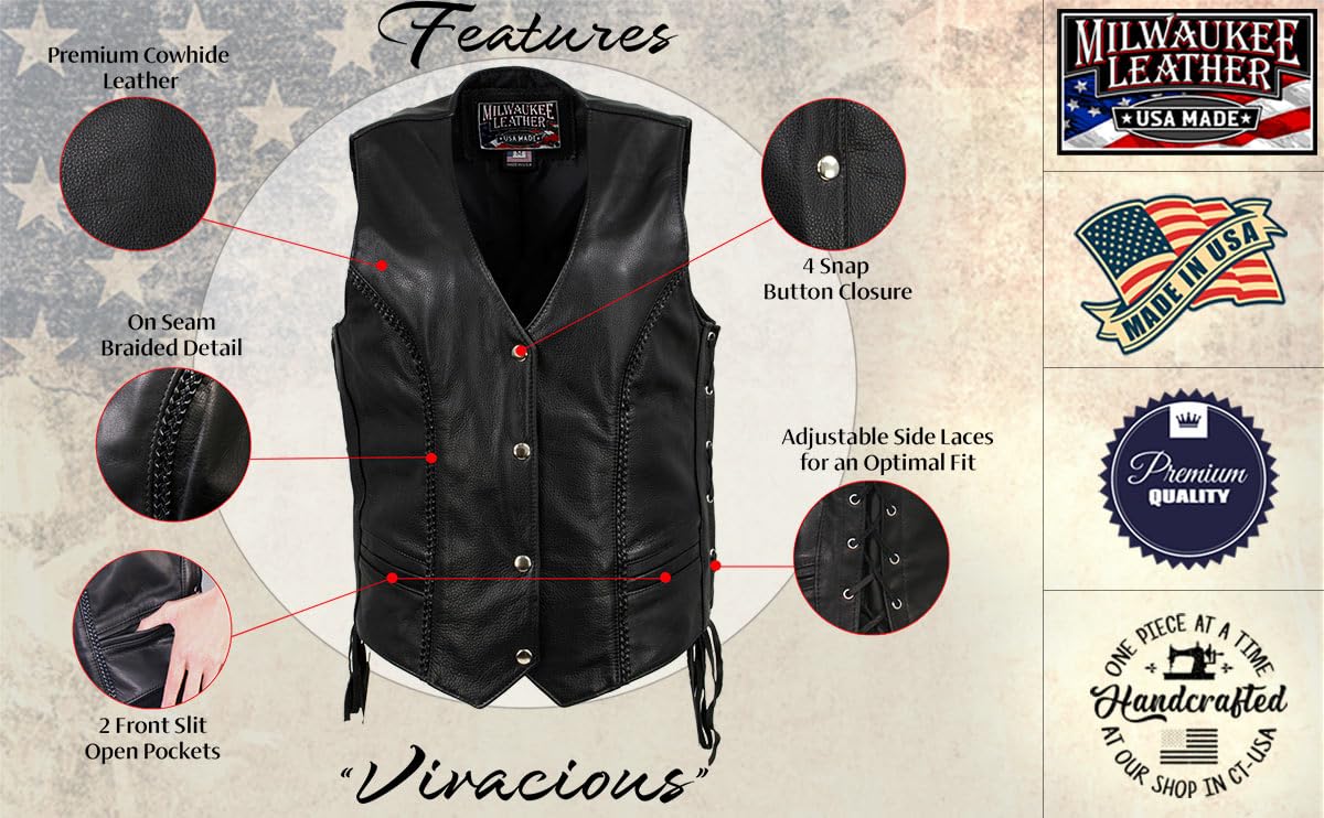 Milwaukee Leather MLVSL5001 Women's Black Braided Motorcycle Vest - Genuine USA Made Leather Jacket for Bikers & Riders - Perfect for Motorcycle Clubs, Road Trips & Casual Outfits