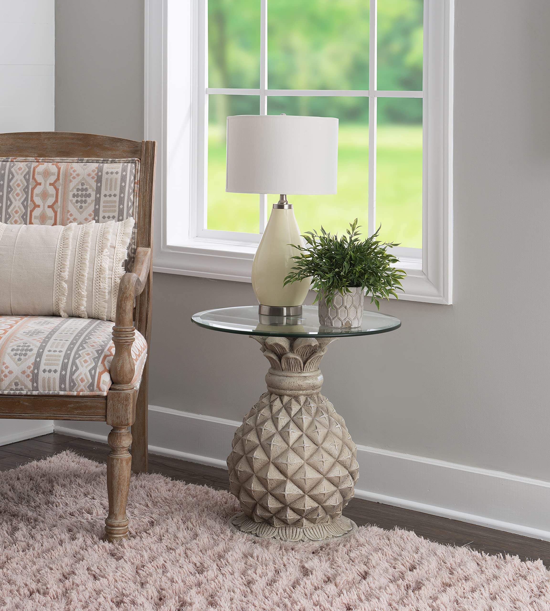 Powell Pippin Pineapple Glass Top Accent Side Table - Modern Grey End Table for Living Room, Bedroom & Office Decor - Perfect for Small Spaces and Home Styling