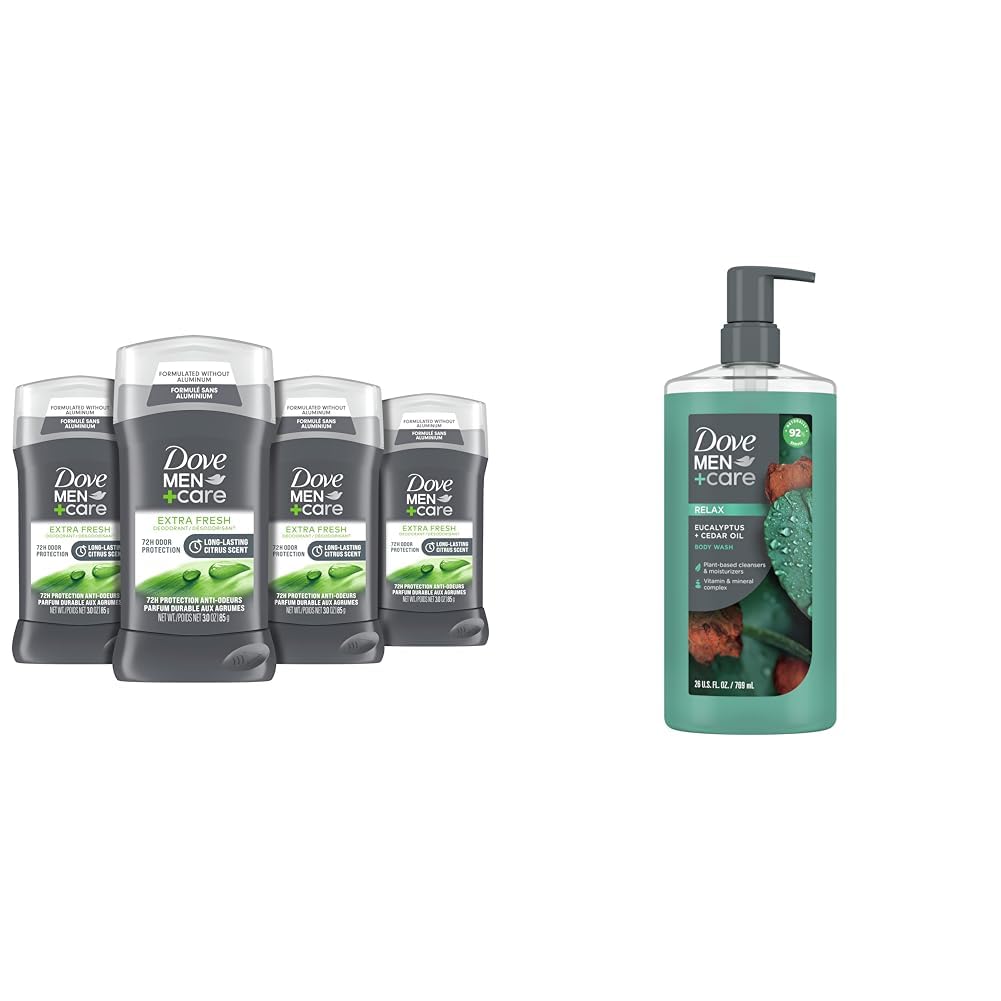 Dove Men+Care Extra Fresh Deodorant Stick 4-Pack with 72-Hour Odor Protection & Eucalyptus Cedar Body Wash 26oz - Gym, Work & Daily Freshness for Men