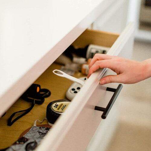 Qdos SureCatch Top Drawer Adhesive Latches - 4 Pack Cabinet Latches for Baby Proofing, Child Safety & Furniture Security - Perfect for Kitchen Cabinets, Dressers & Nursery Furniture