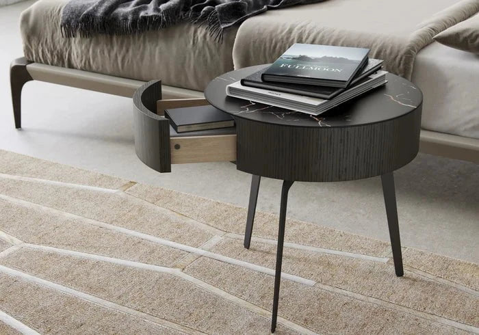Warren Round Side Table with Drawer - Modern End Table for Living Room, Bedroom, Office - 2 Color Options (White & Black) - Compact Nightstand for Small Spaces