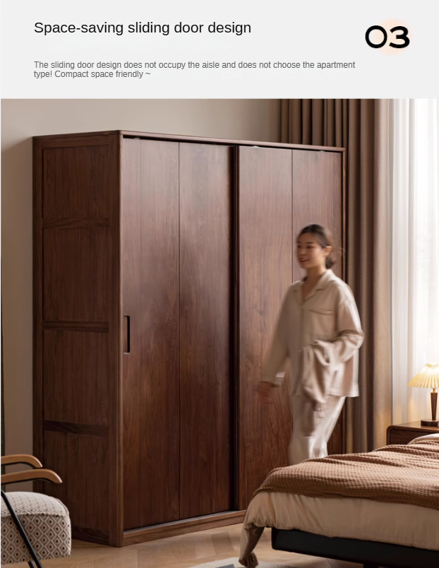 Premium Black Walnut Solid Wood Sliding Door Wardrobe Closet - Modern Bedroom Storage Solution for Home & Office Organization