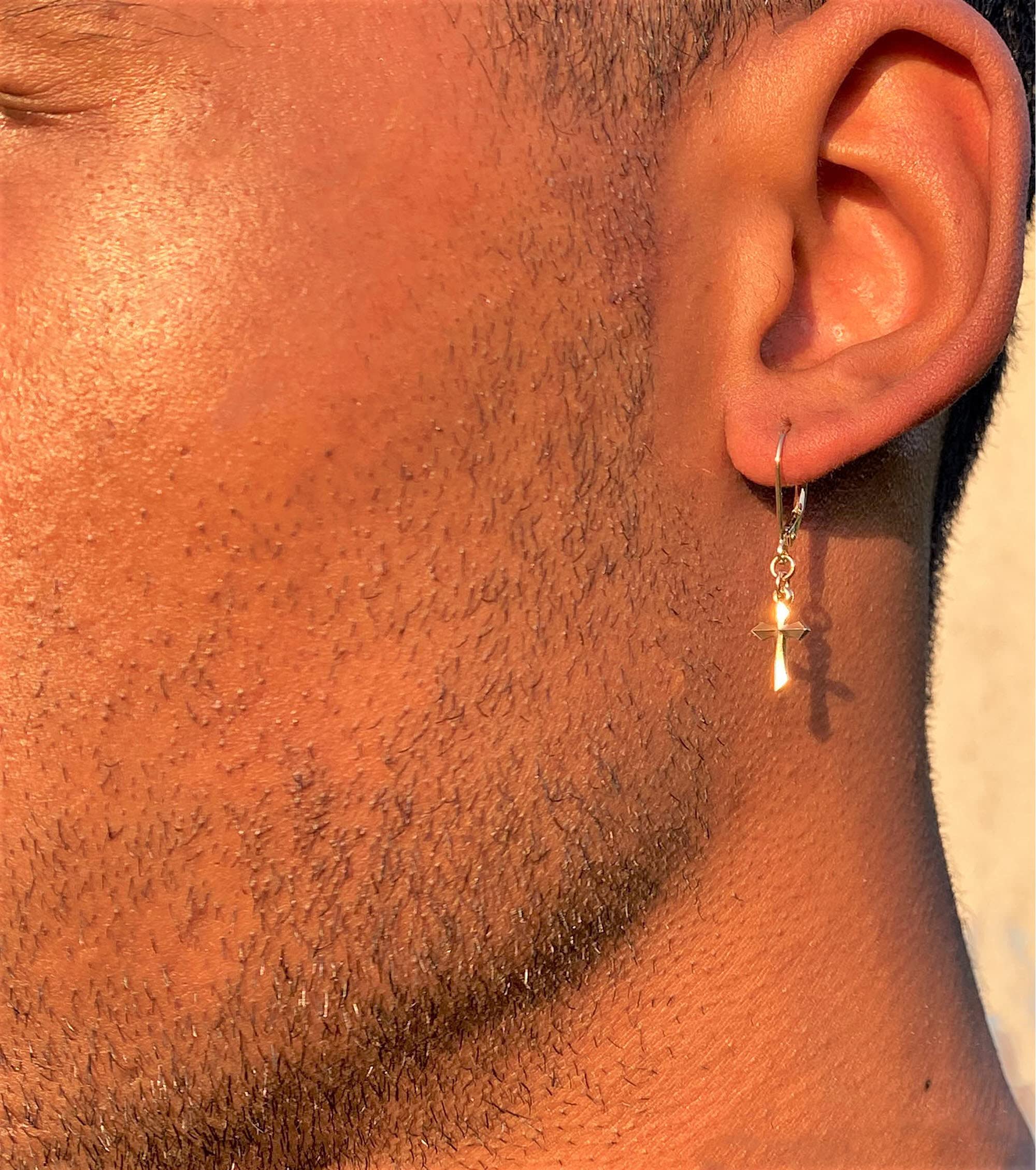 14K Gold Small Dangle Cross Earrings for Men & Women – Handmade in USA – Solid 14K Yellow Gold Pair (2 Earrings) – Perfect for Everyday Wear, Gifts & Religious Occasions