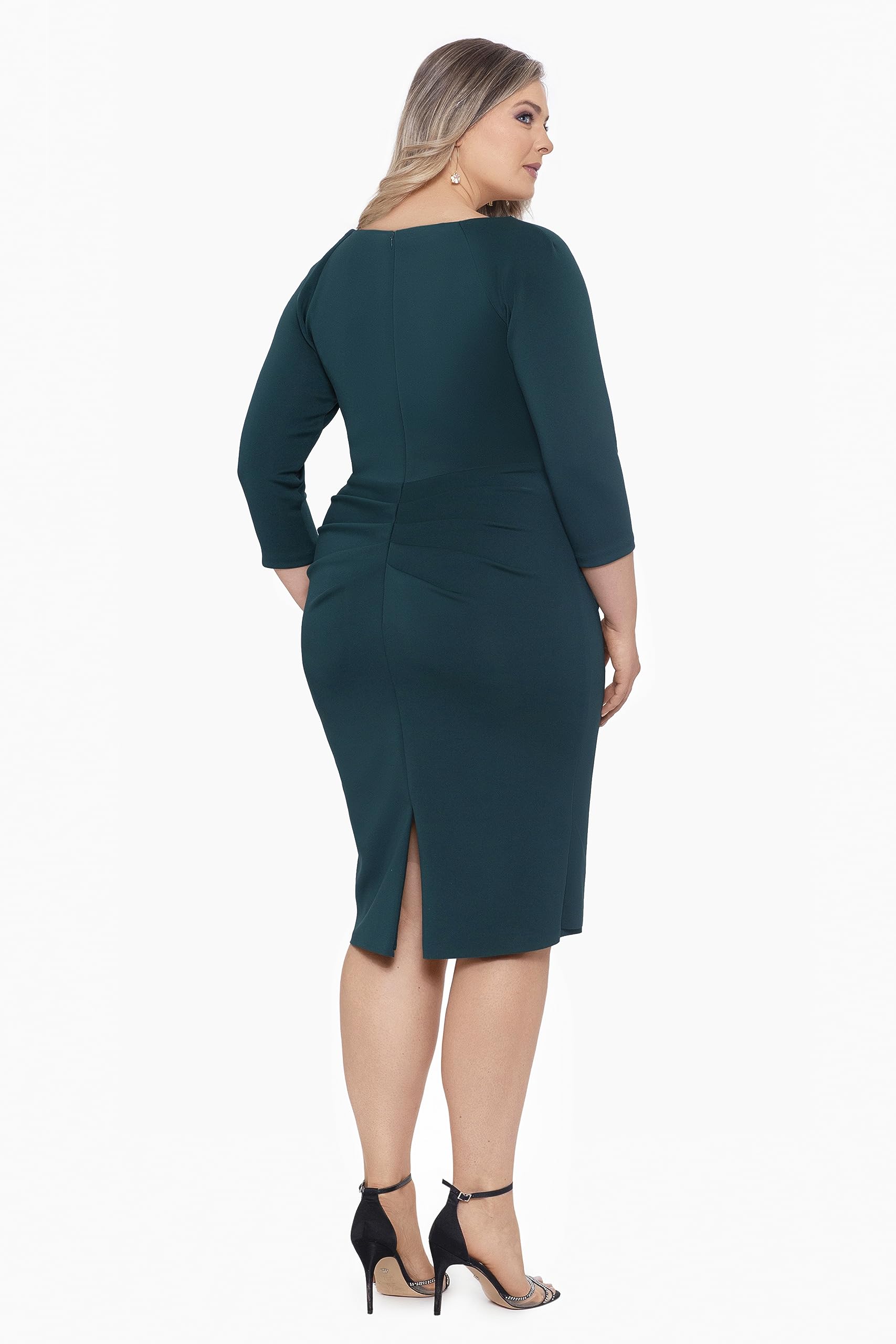 Xscape Women's Plus Size Midi V-Neck 3/4 Sleeve Side Ruched Dress - Flattering Casual & Office Wear for Curvy Women