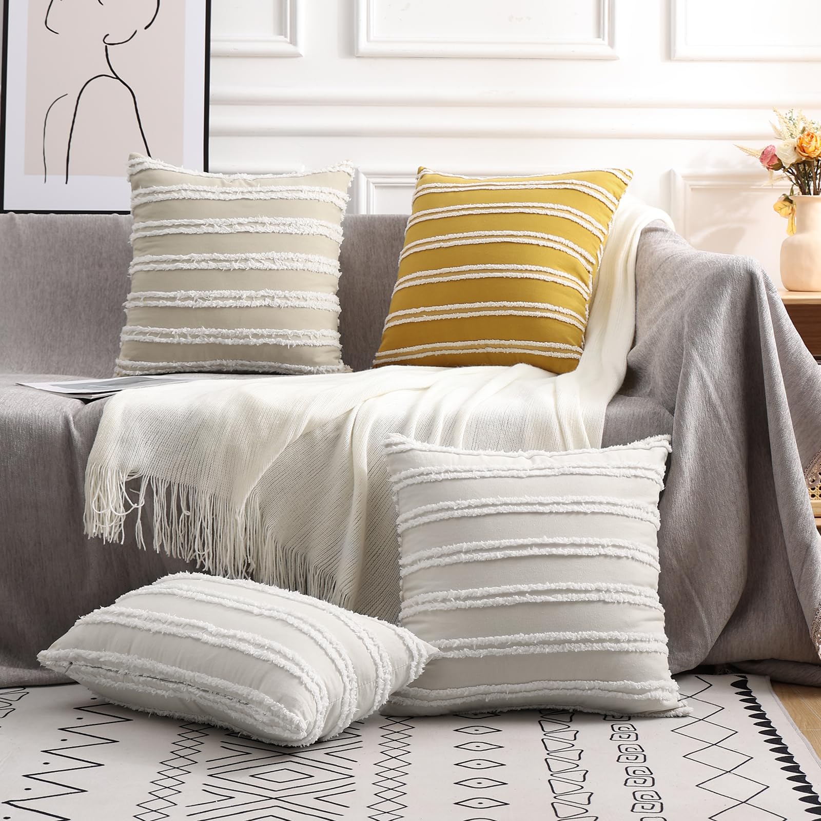 Pallene Boho Decorative Throw Pillow Covers 18x18 Inches Set of 2 - Cotton Linen Blend Cushion Covers for Couch, Sofa, Living Room - Beige Home Decor for Bohemian Style & Cozy Interior Design