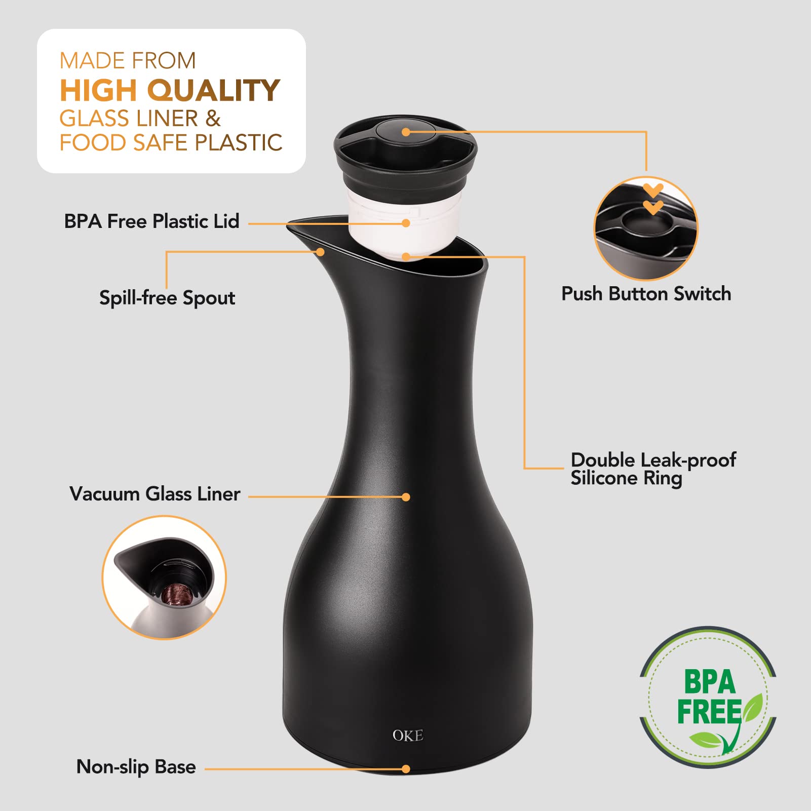 OKE 20 Oz Thermal Coffee Carafe - Double Walled Vacuum Insulated Glass Lined Thermos for Hot Coffee - Black Coffee Dispenser for Home, Office & Restaurants