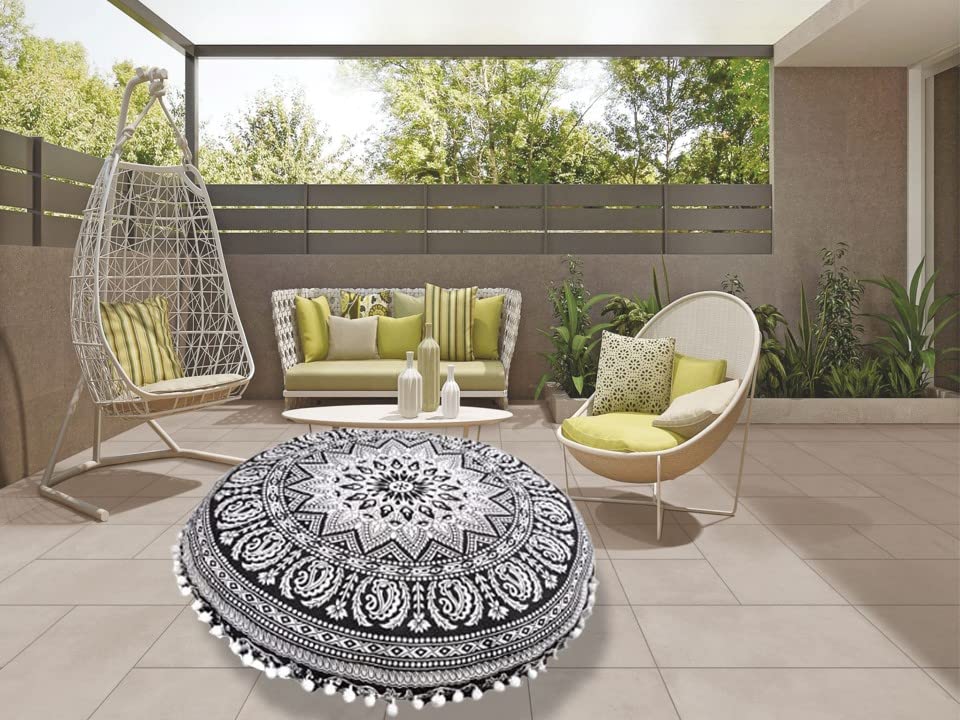 Boho Mandala Round Floor Seating Cushion Cover Only - 22 Inch Meditation Pouf Pillow Case for Yoga, Ottoman & Hippie Decor (Black White, No Filler) - Perfect for Home Decor, Meditation Spaces & Bohemian Living Rooms
