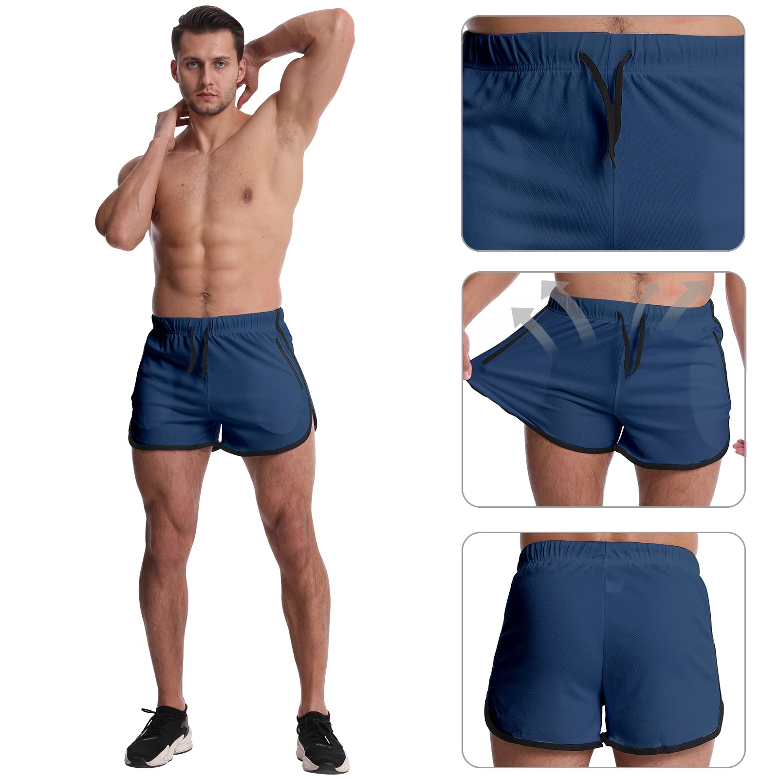 OEBLD Men's 3 Inch Running Shorts - Lightweight Breathable Quick-Dry Workout Shorts with Zipper Pockets for Jogging, Gym & Outdoor Sports