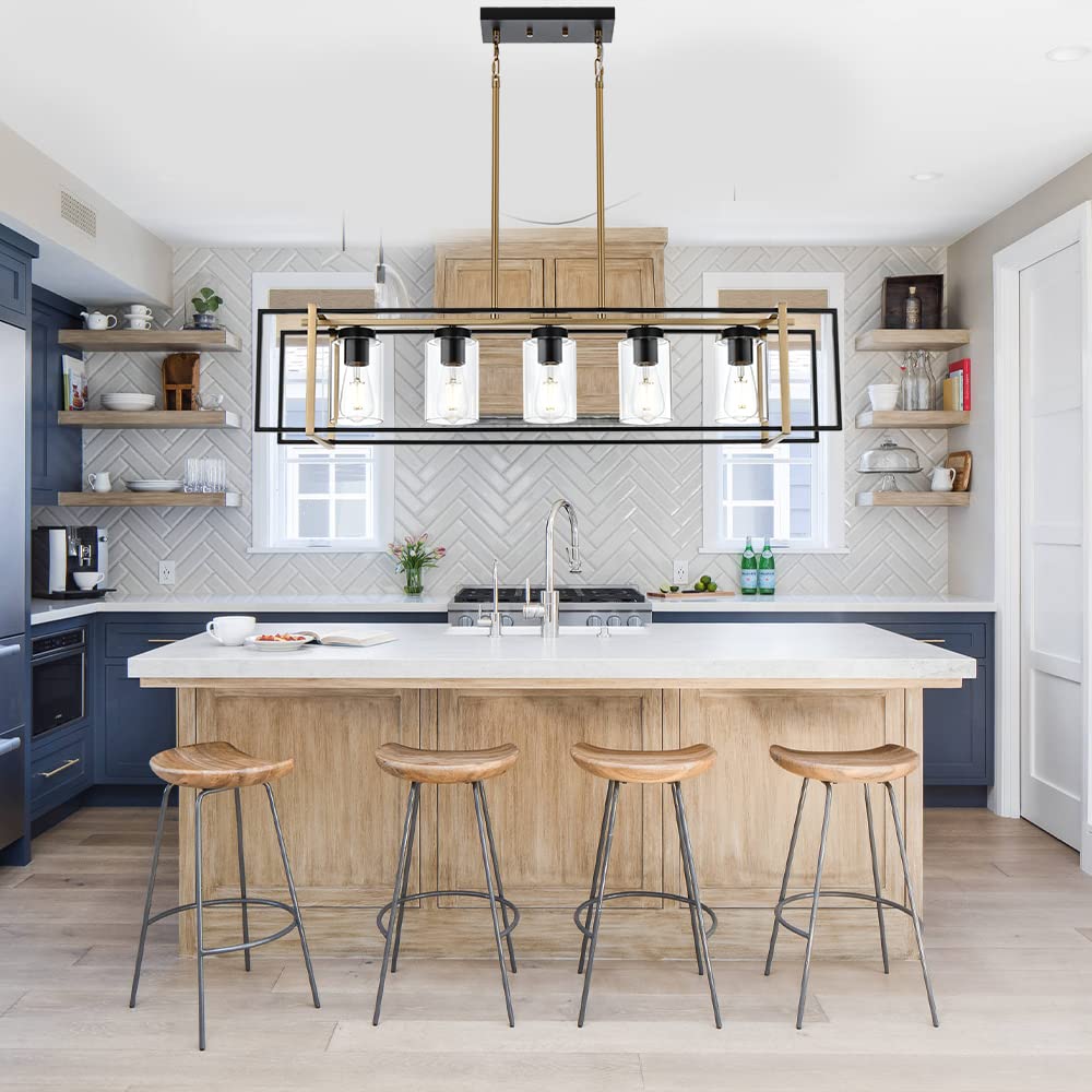 5-Light Farmhouse Chandelier Black Brass Rectangular Pendant Light with Clear Glass Shades - Rustic Island Lighting for Dining Room, Kitchen, Bar & Restaurant Decor